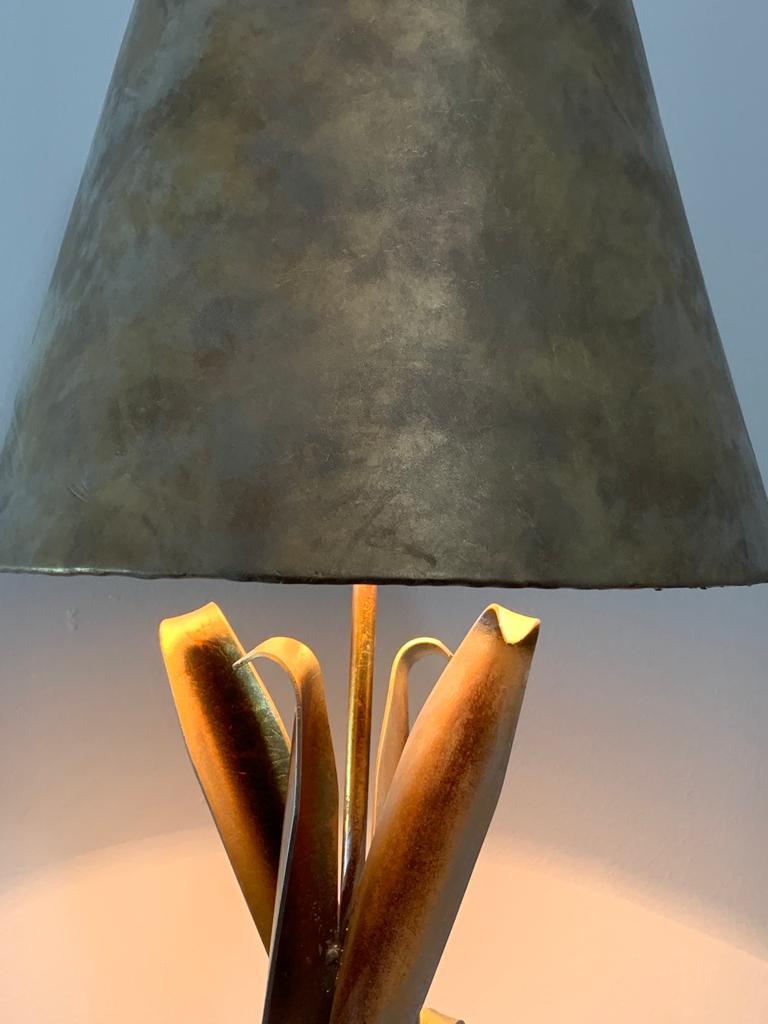 American Wrought iron and gold leatherette console lamp, 1980s For Sale
