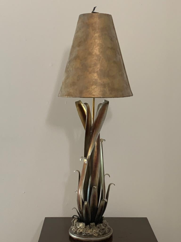 Late 20th Century Wrought iron and gold leatherette console lamp, 1980s For Sale