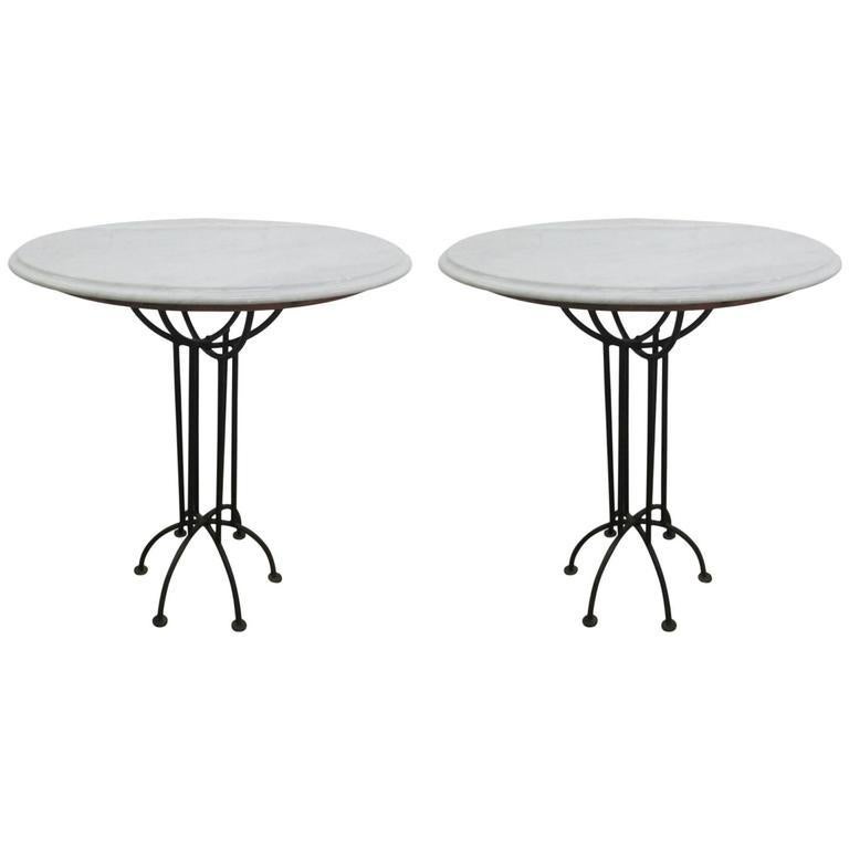 Wrought Iron and Italian Marble-Top Tables Pair For Sale