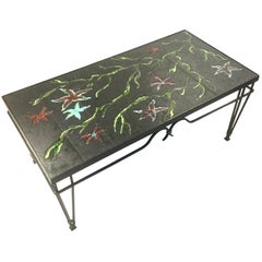 Wrought Iron and Lava Enamel Coffee Table Attributed to Jacques Adnet, 1940s