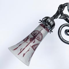 Wrought Iron and Le Verre Francais Glass Table Lamp, France, circa 1920-1930