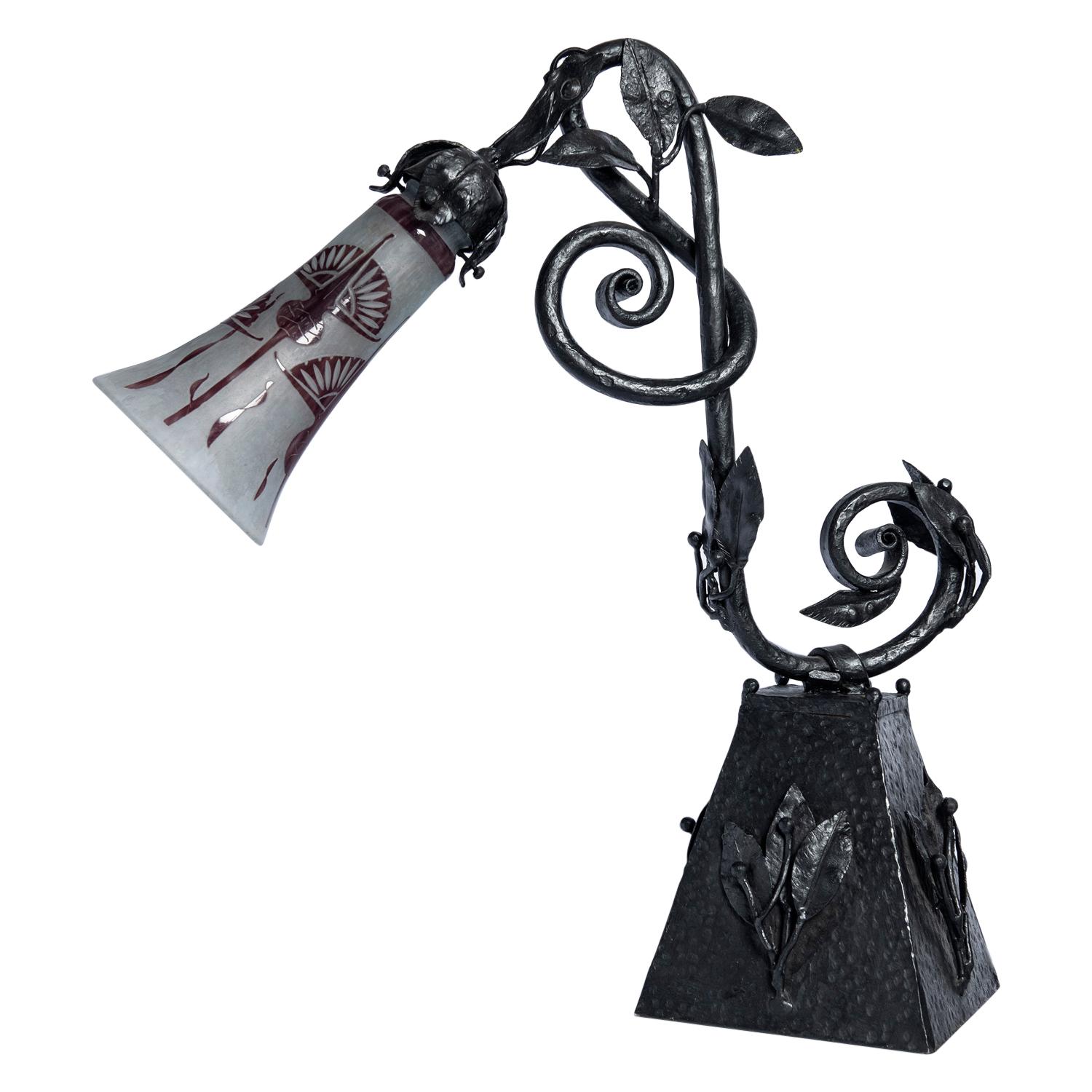 Wrought Iron and Le Verre Francais Glass Table Lamp, France, circa 1920-1930 For Sale