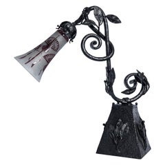 Wrought Iron and Le Verre Francais Glass Table Lamp, France, circa 1920-1930