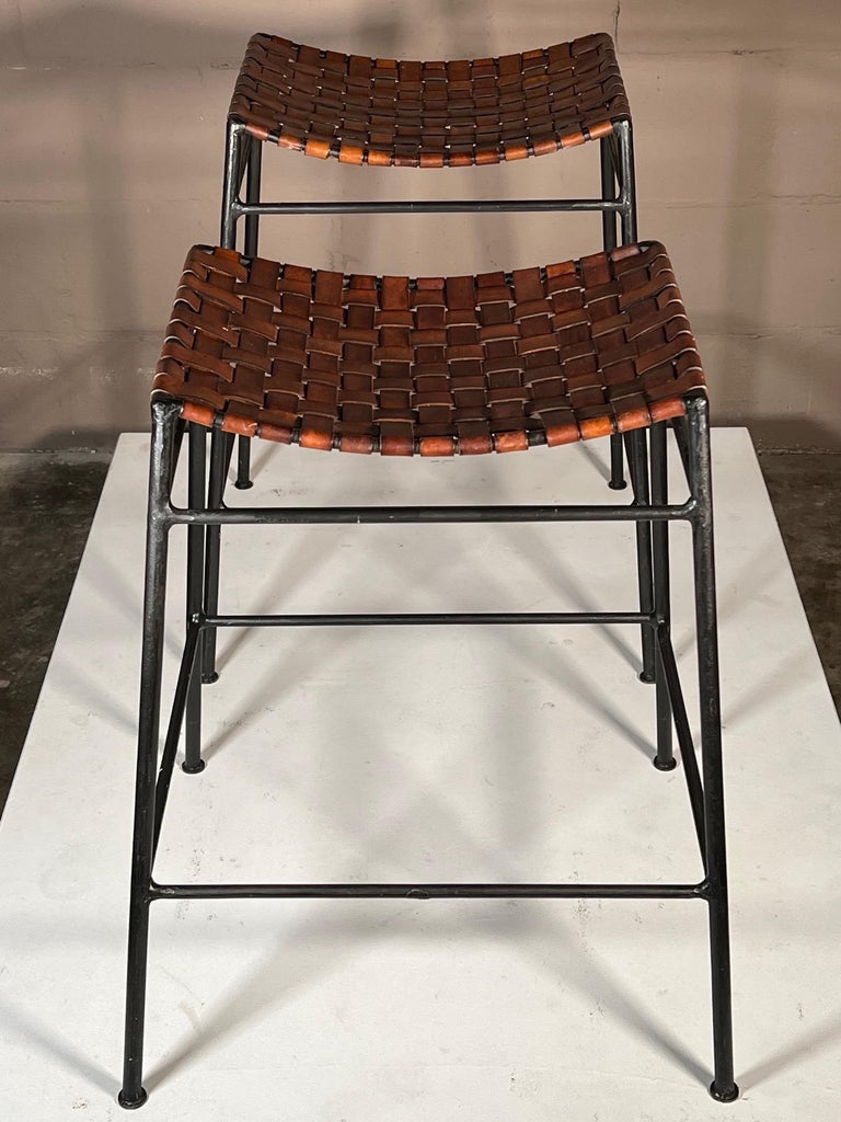 Wrought Iron and Leather Bar Stools at 1stDibs