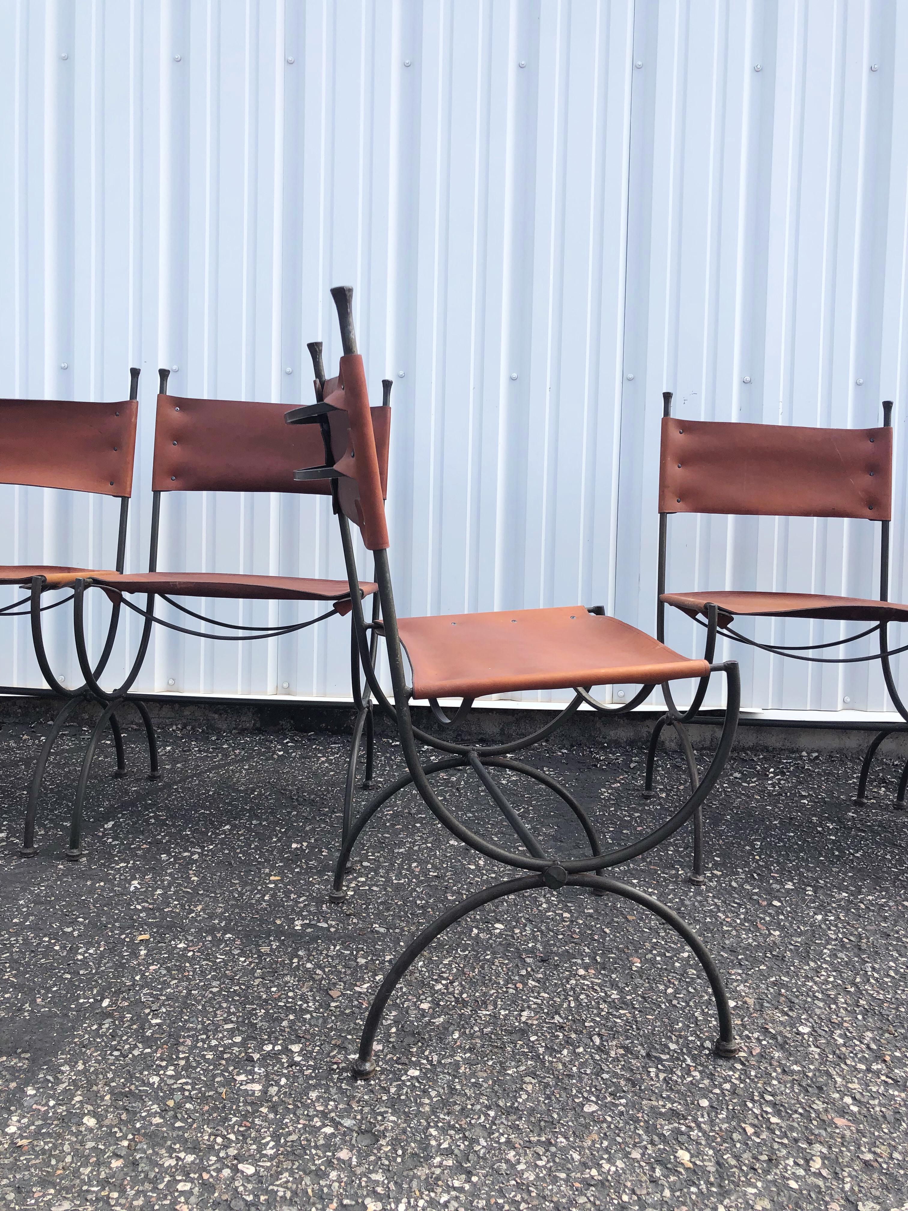 Forged Wrought Iron and Leather Brutalist 'Legacy' Dining Chairs by Charleston Forge For Sale