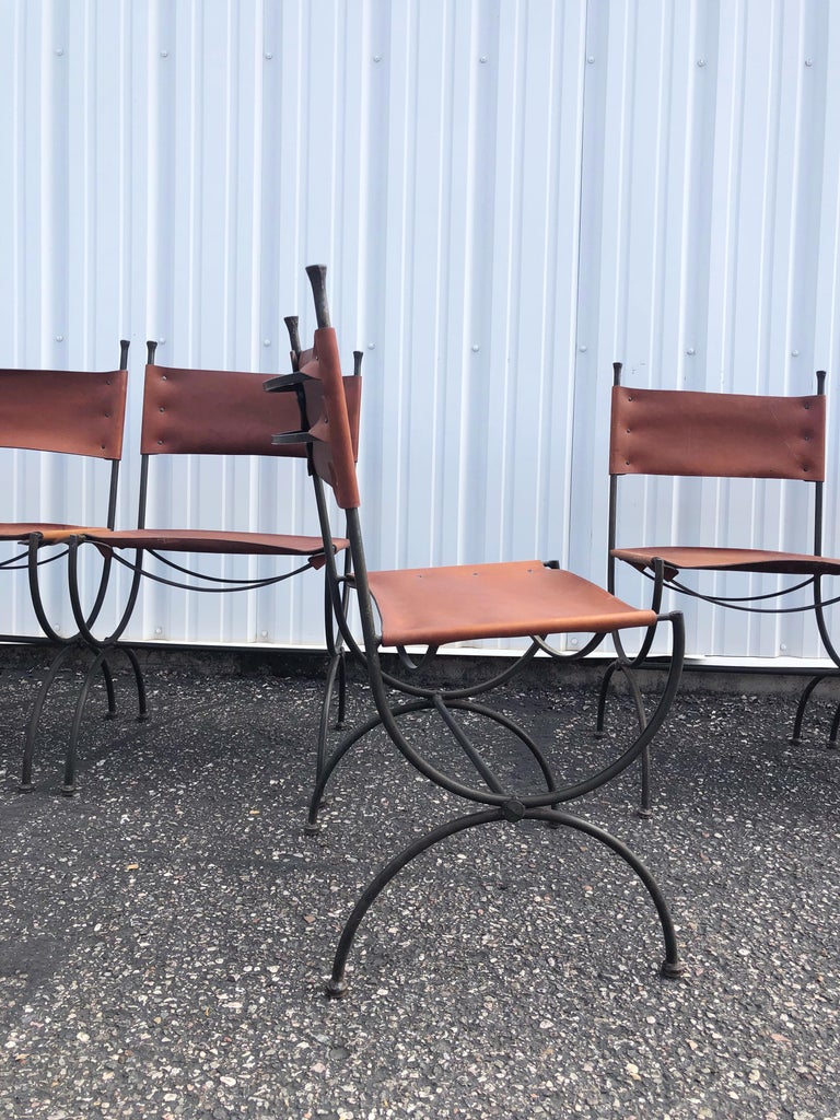 Wrought Iron and Leather Brutalist 'Legacy' Dining Chairs by Charleston