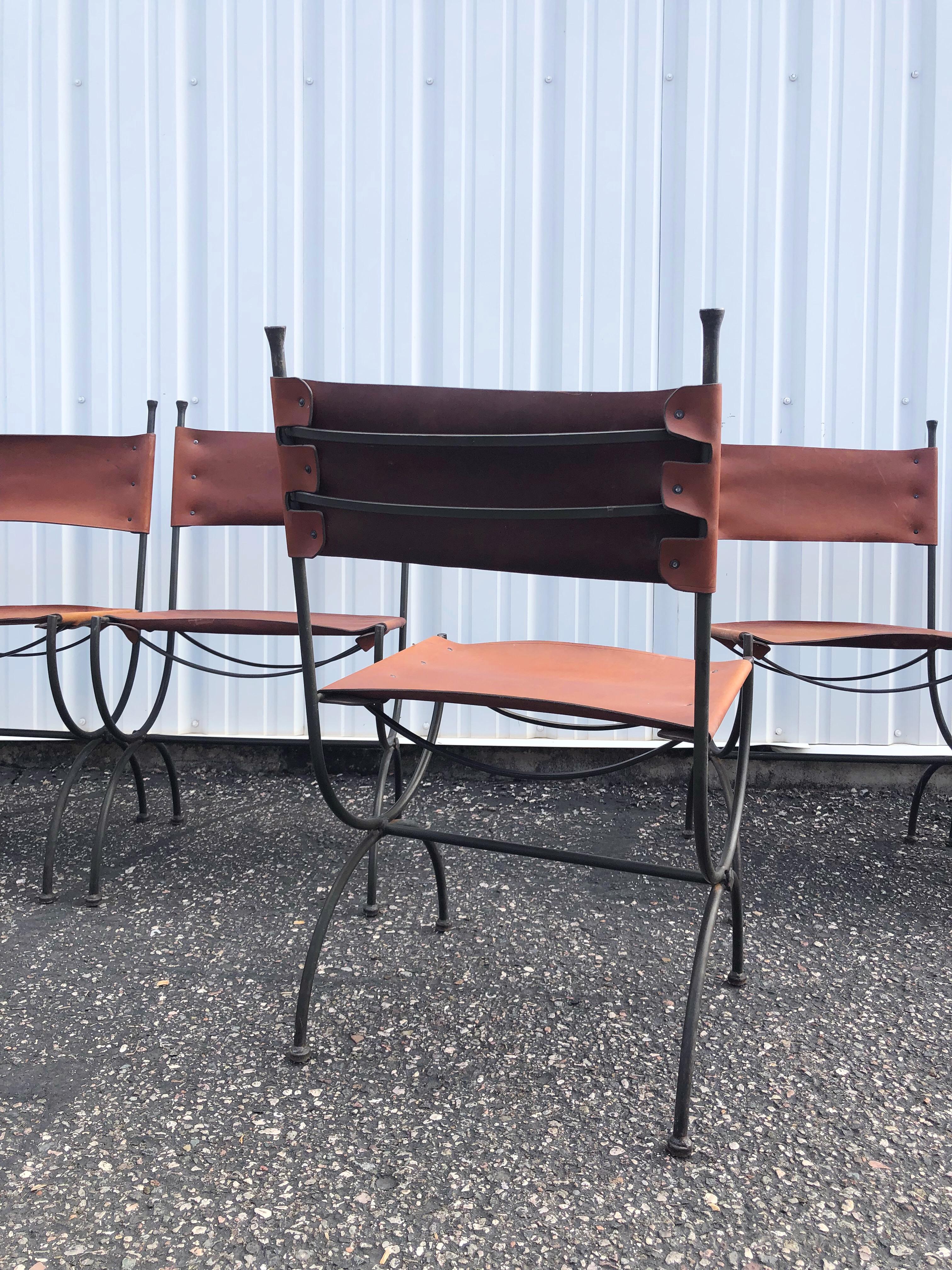 Wrought Iron and Leather Brutalist 'Legacy' Dining Chairs by Charleston Forge In Good Condition For Sale In Clarkdale, AZ