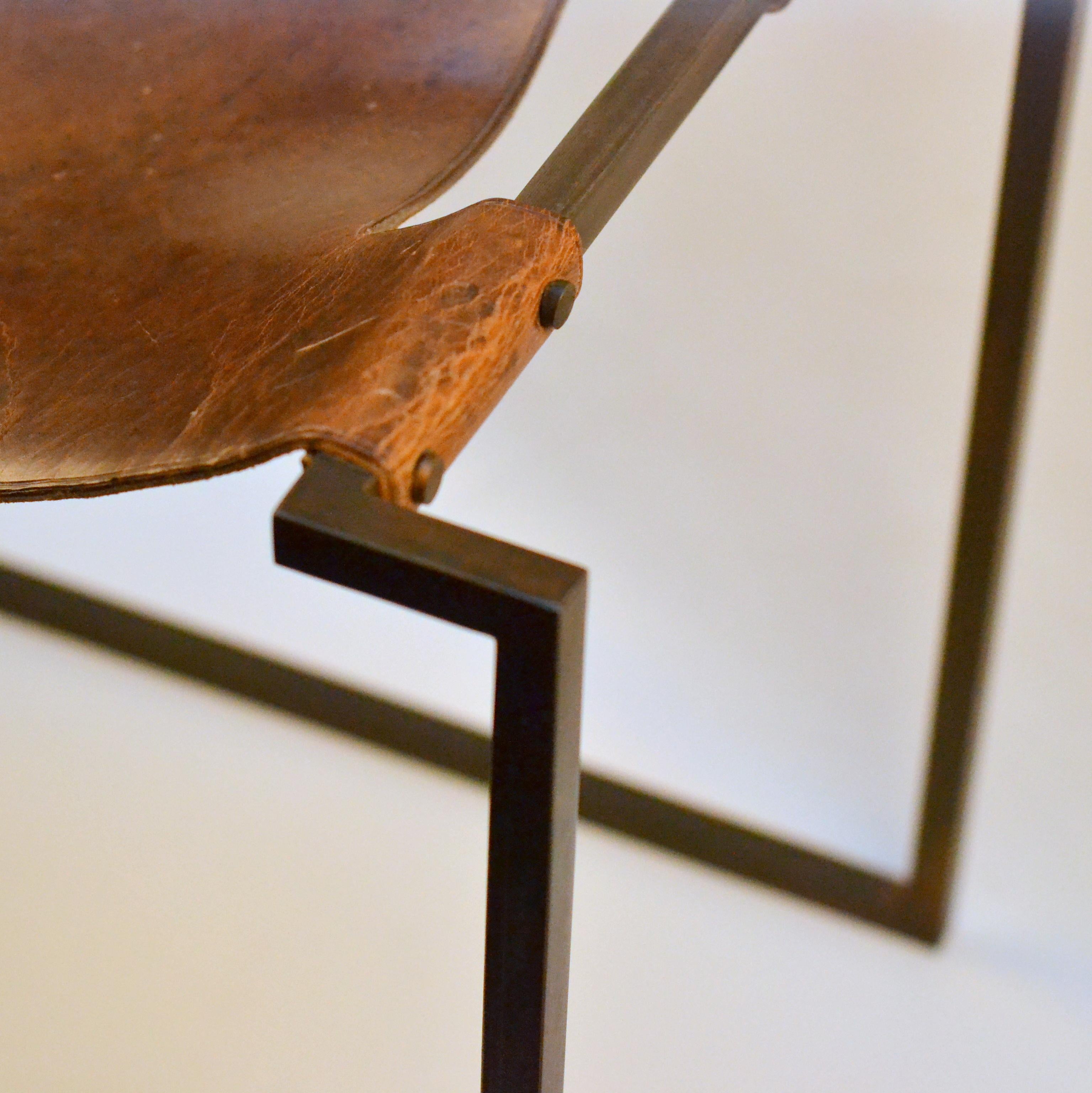 Mid-Century Modern Modernist Wrought Iron and Leather French Sling Stool 