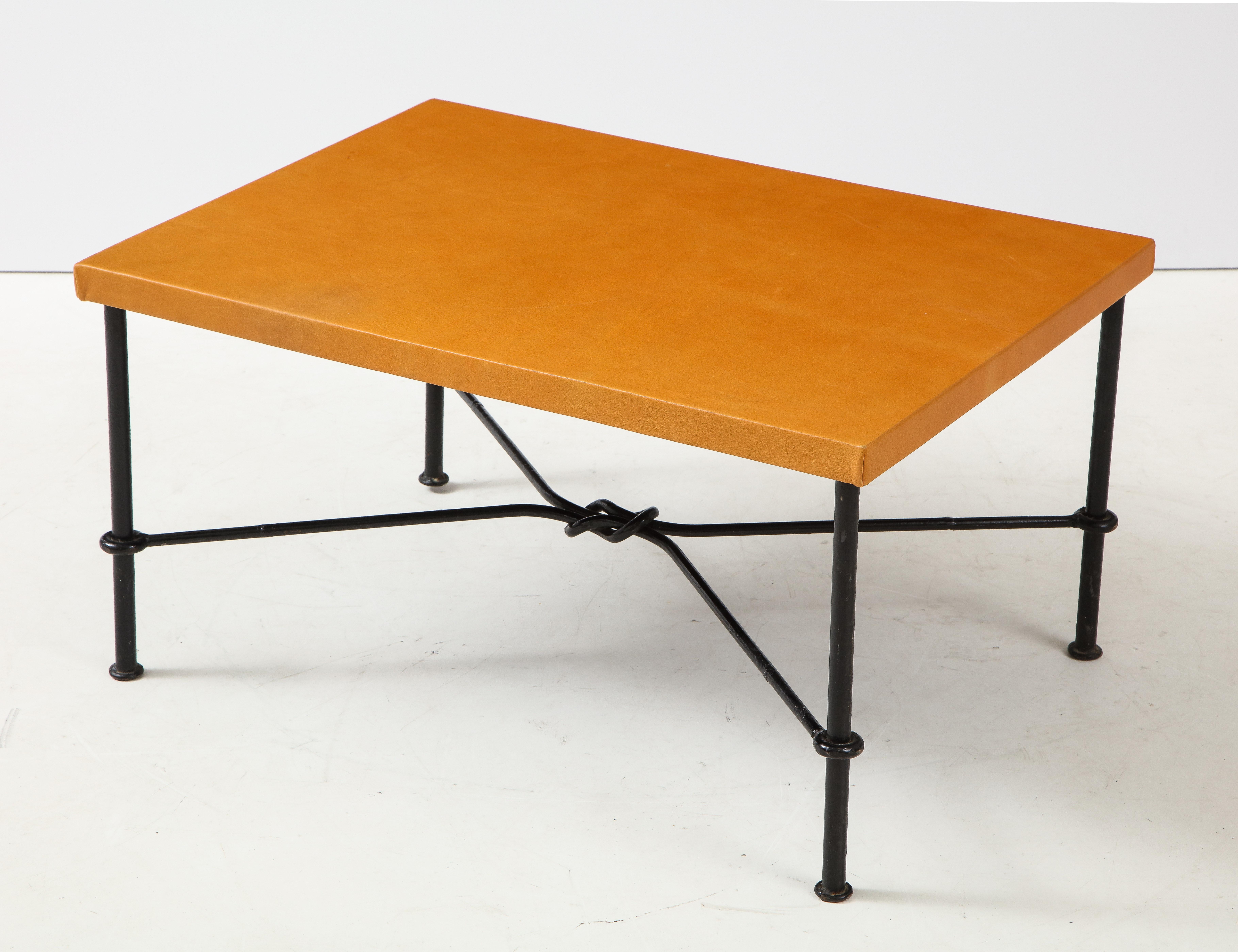 Mid-20th Century Wrought Iron and Leather Side Table, France, 1940's For Sale