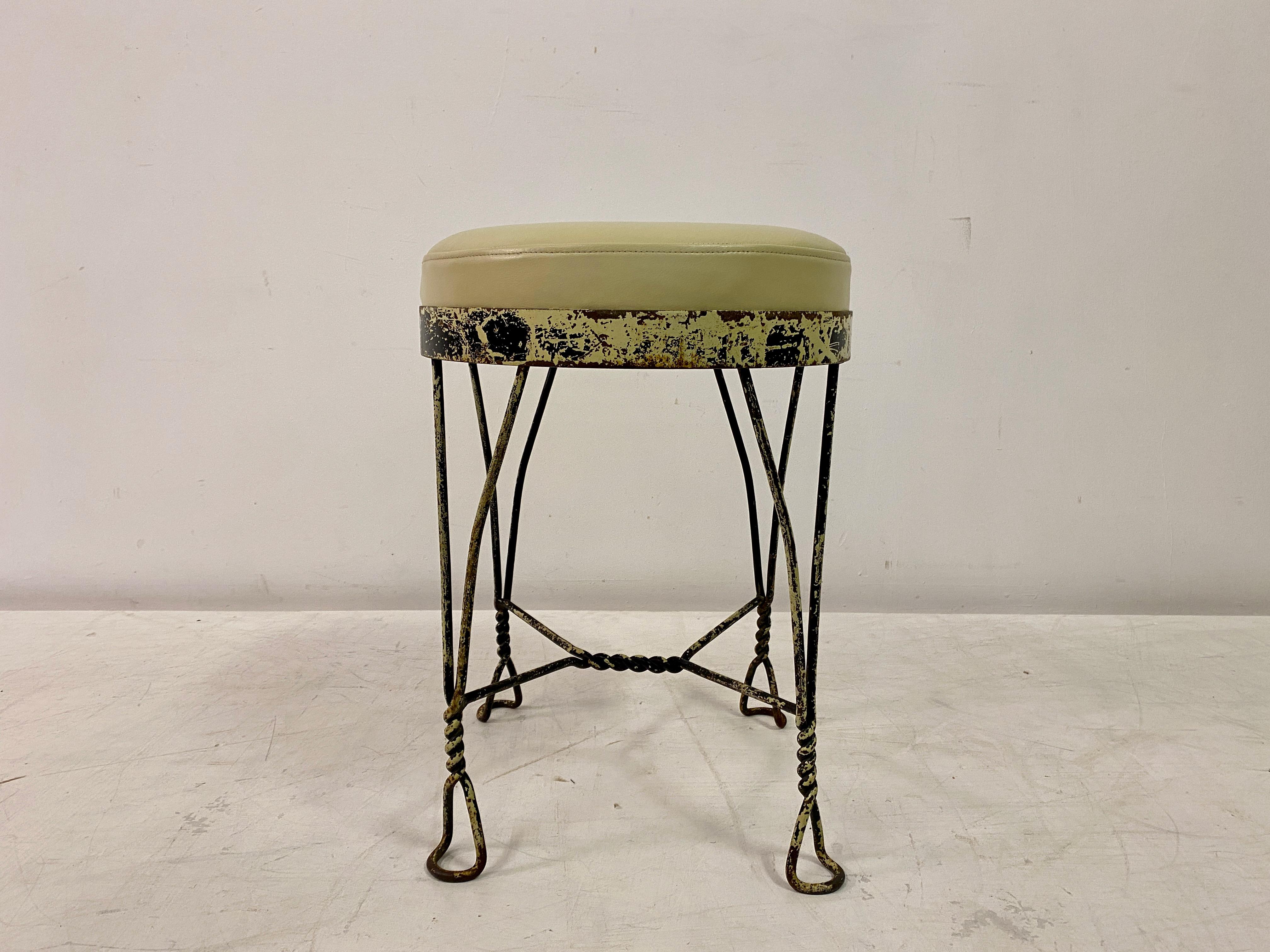 Mid-Century Modern Wrought Iron And Leather Stool For Sale