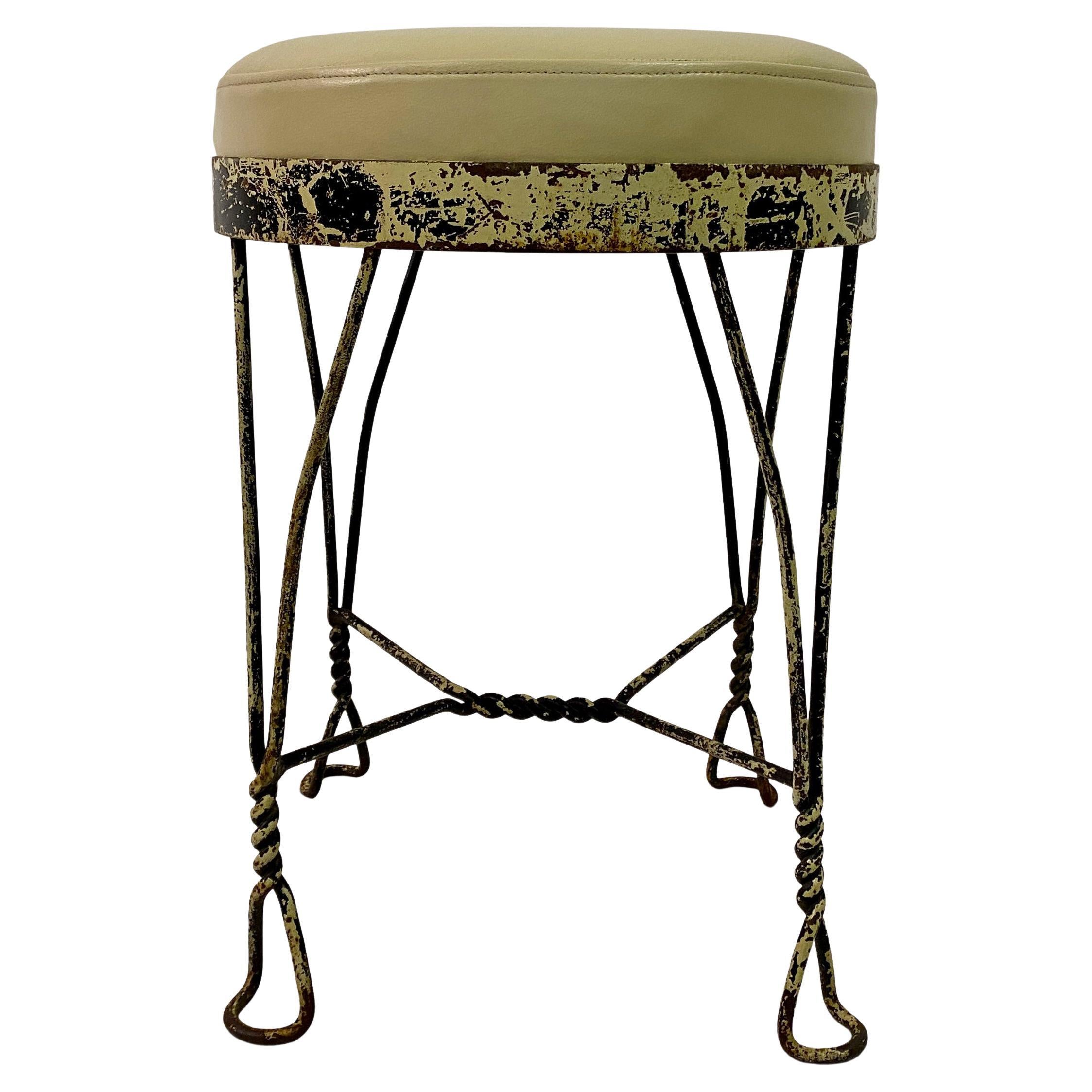 Wrought Iron And Leather Stool For Sale