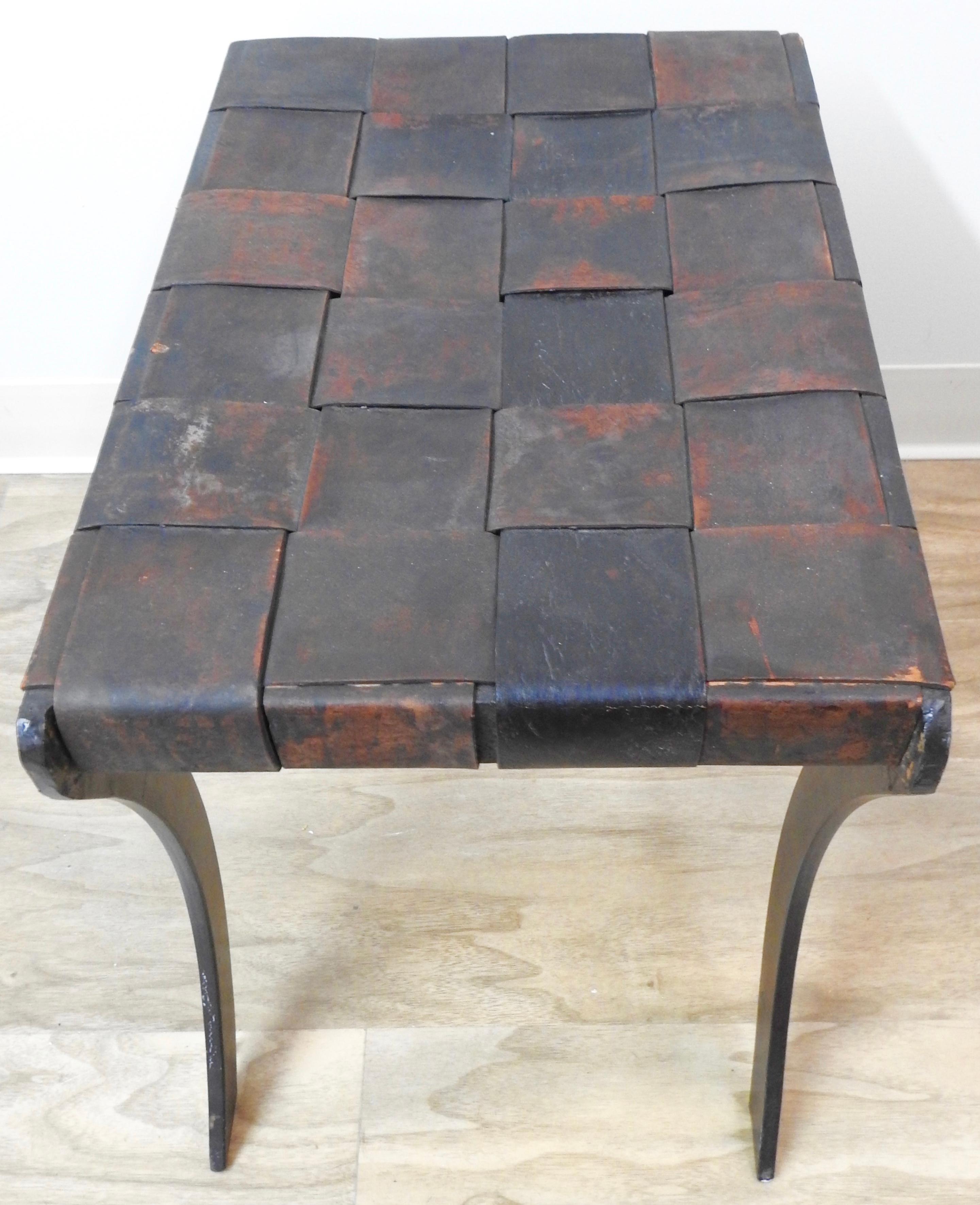 Arts and Crafts Wrought Iron and Leather Stool with Saber Legs For Sale