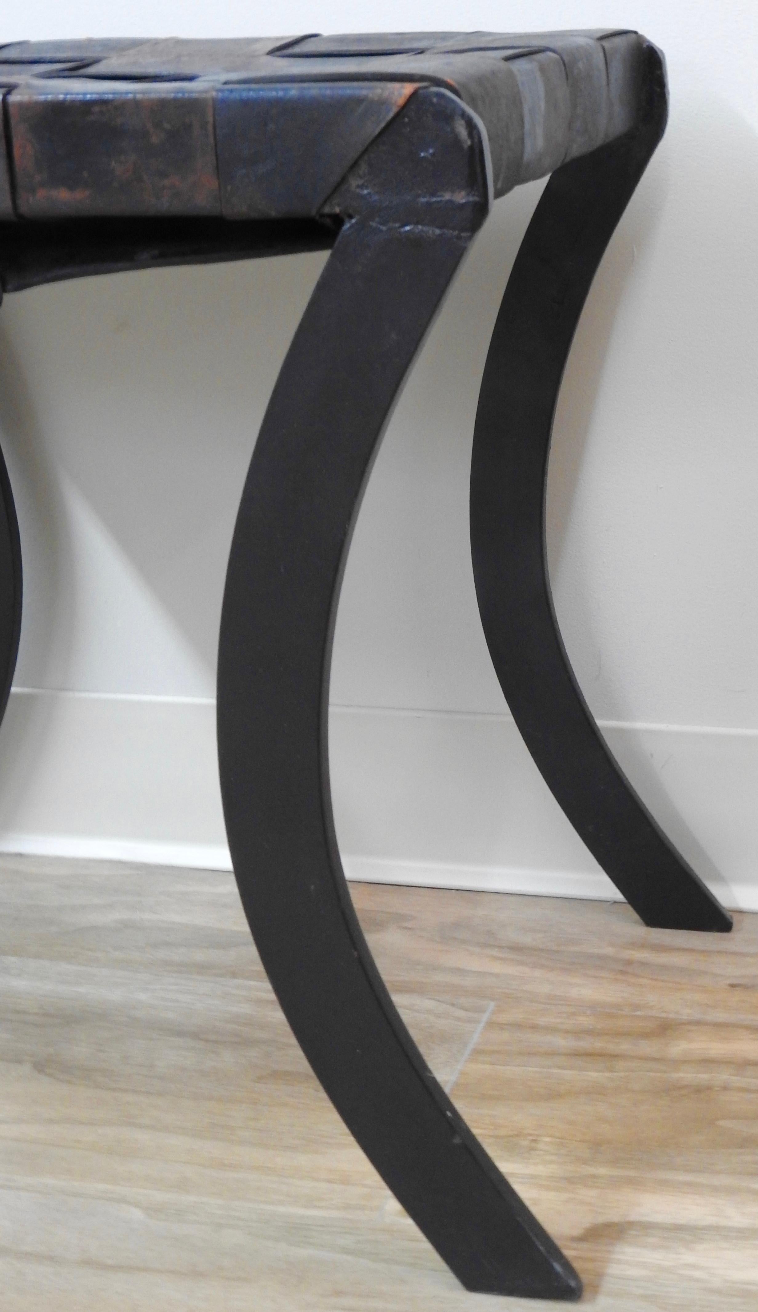 Spanish Wrought Iron and Leather Stool with Saber Legs For Sale