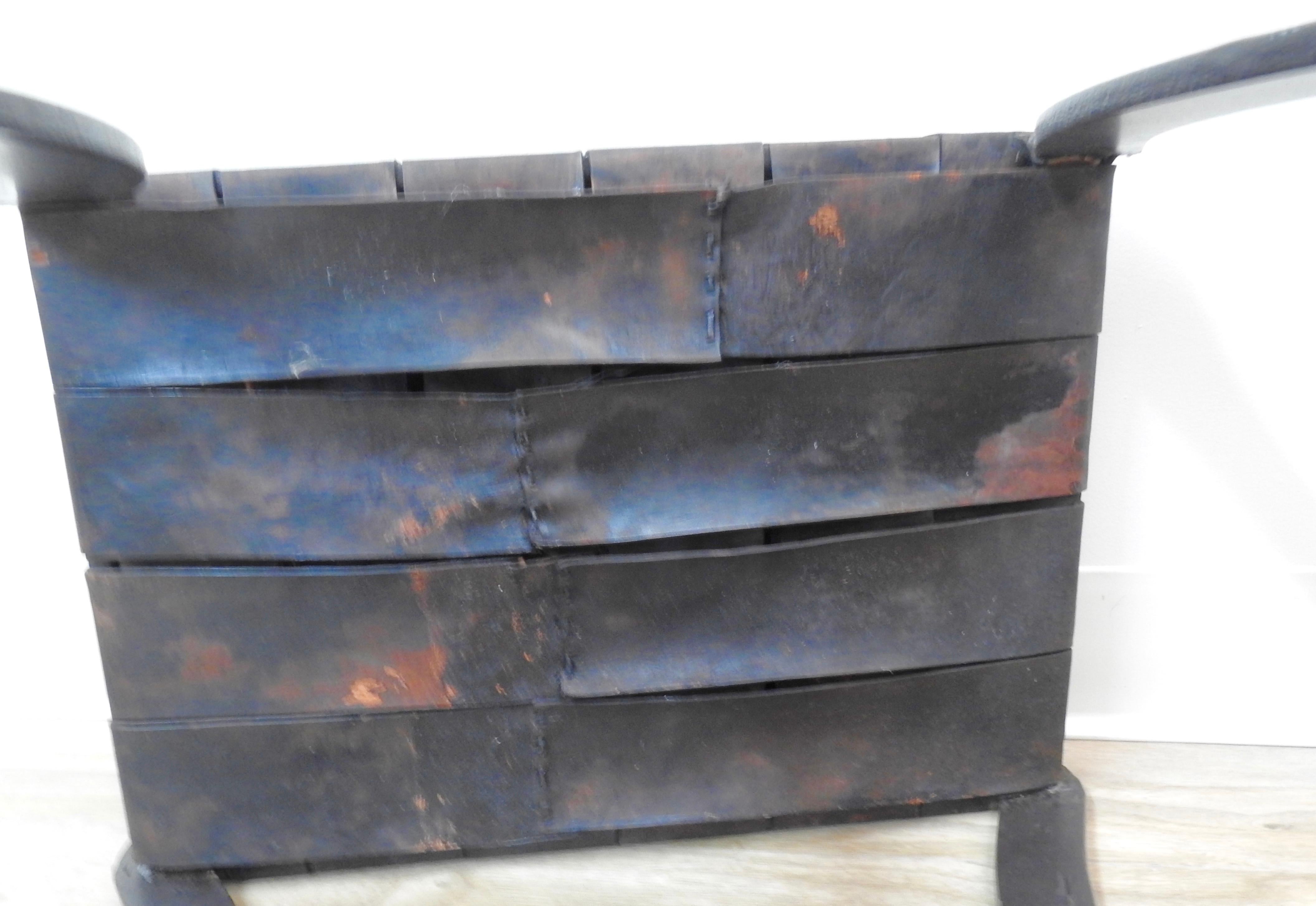 Hand-Crafted Wrought Iron and Leather Stool with Saber Legs For Sale