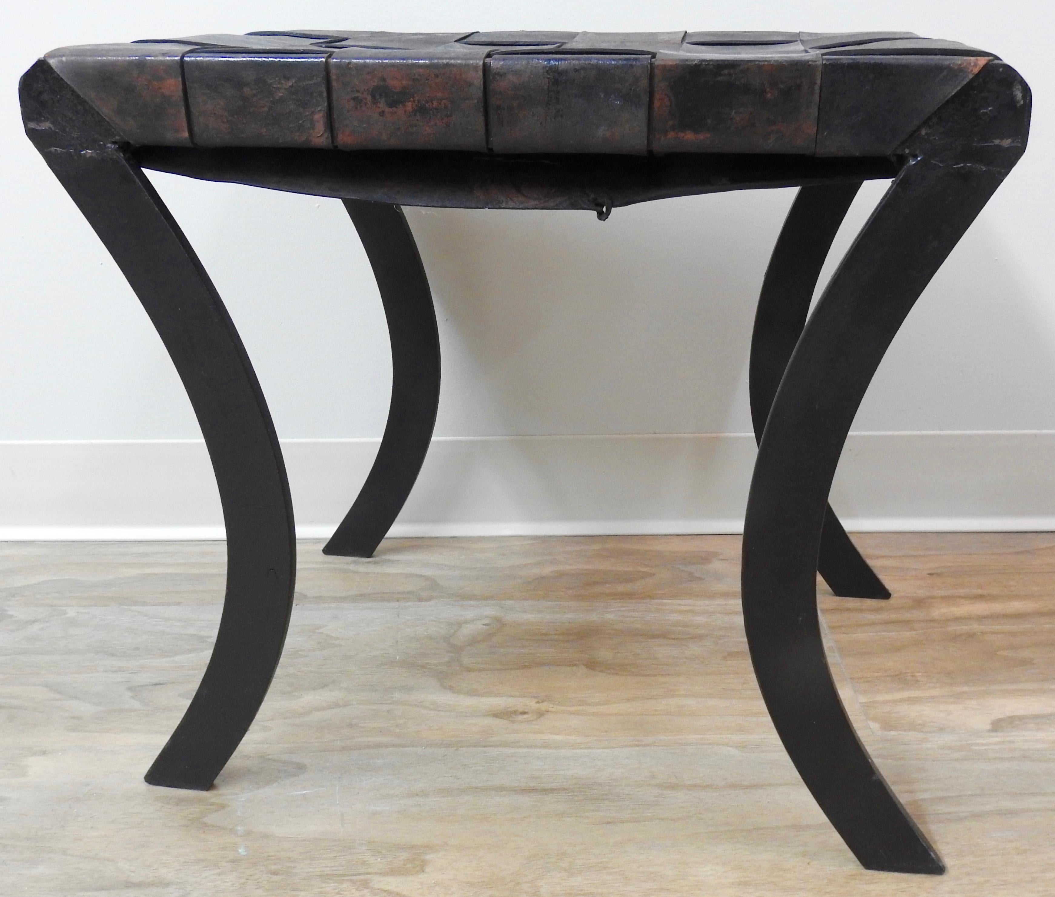 20th Century Wrought Iron and Leather Stool with Saber Legs For Sale