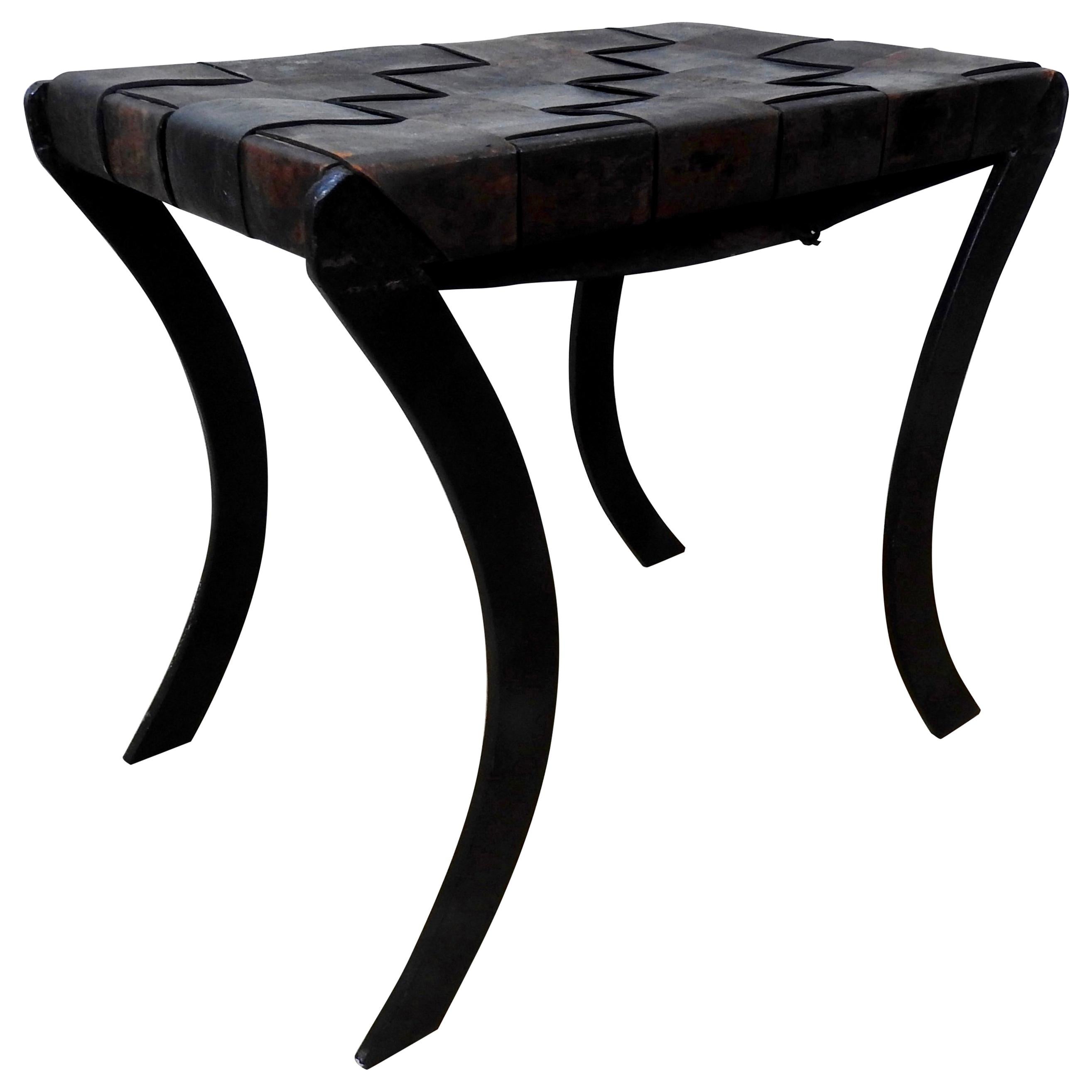 Wrought Iron and Leather Stool with Saber Legs For Sale