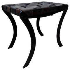 Wrought Iron and Leather Stool with Saber Legs