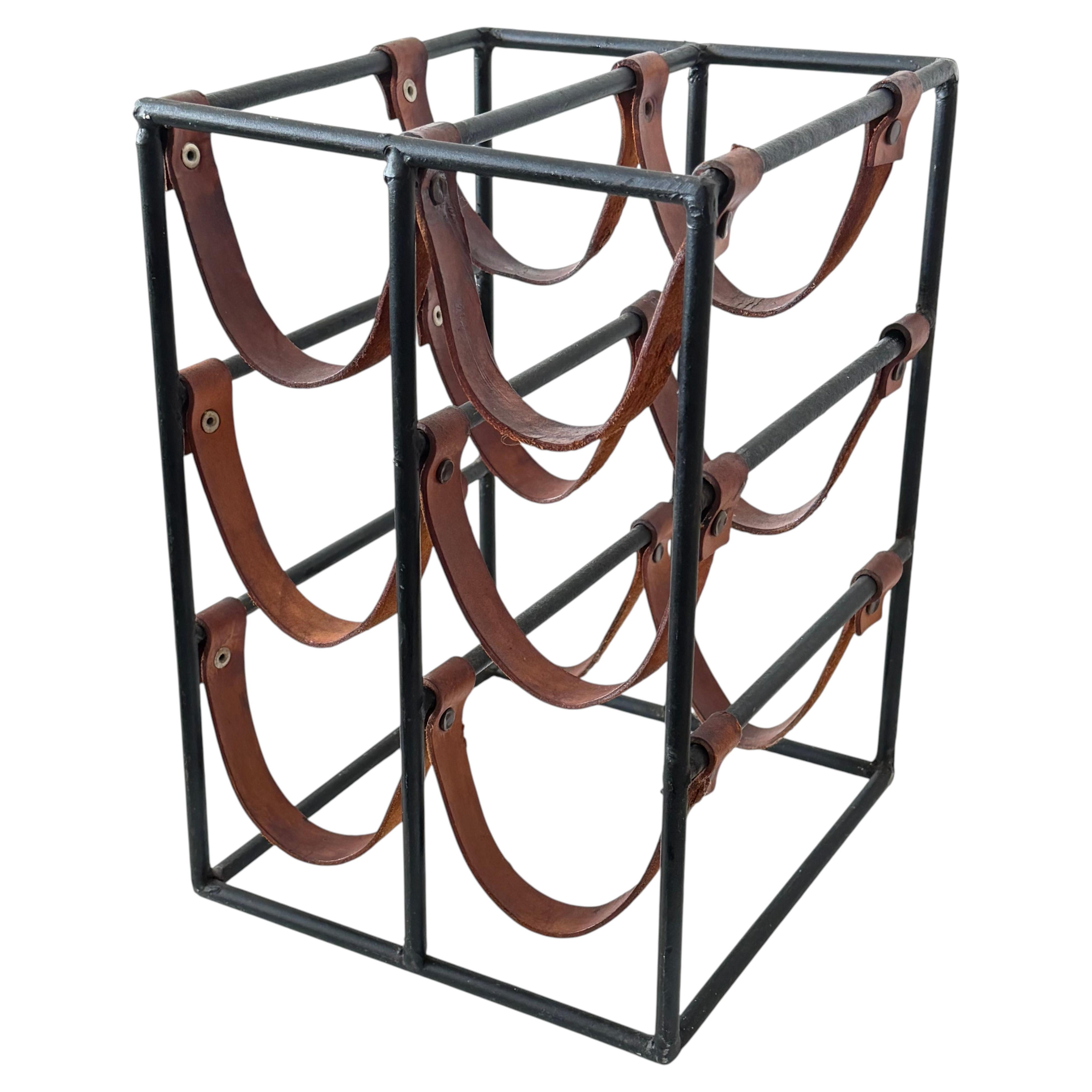 Wrought Iron and Leather Wine Rack by Arthur Umanoff ca' 1960's