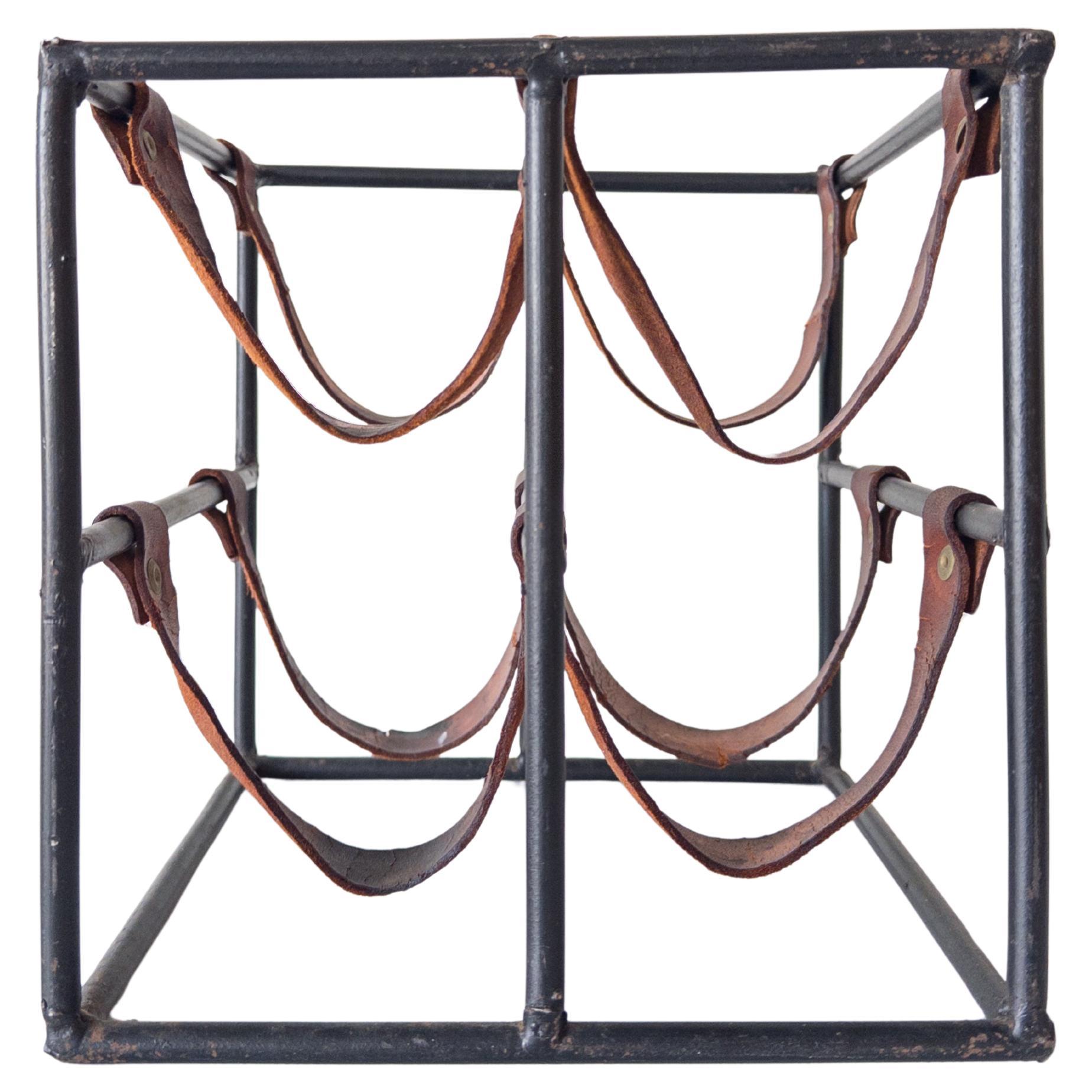 Wrought Iron and Leather Wine Rack by Arthur Umanoff