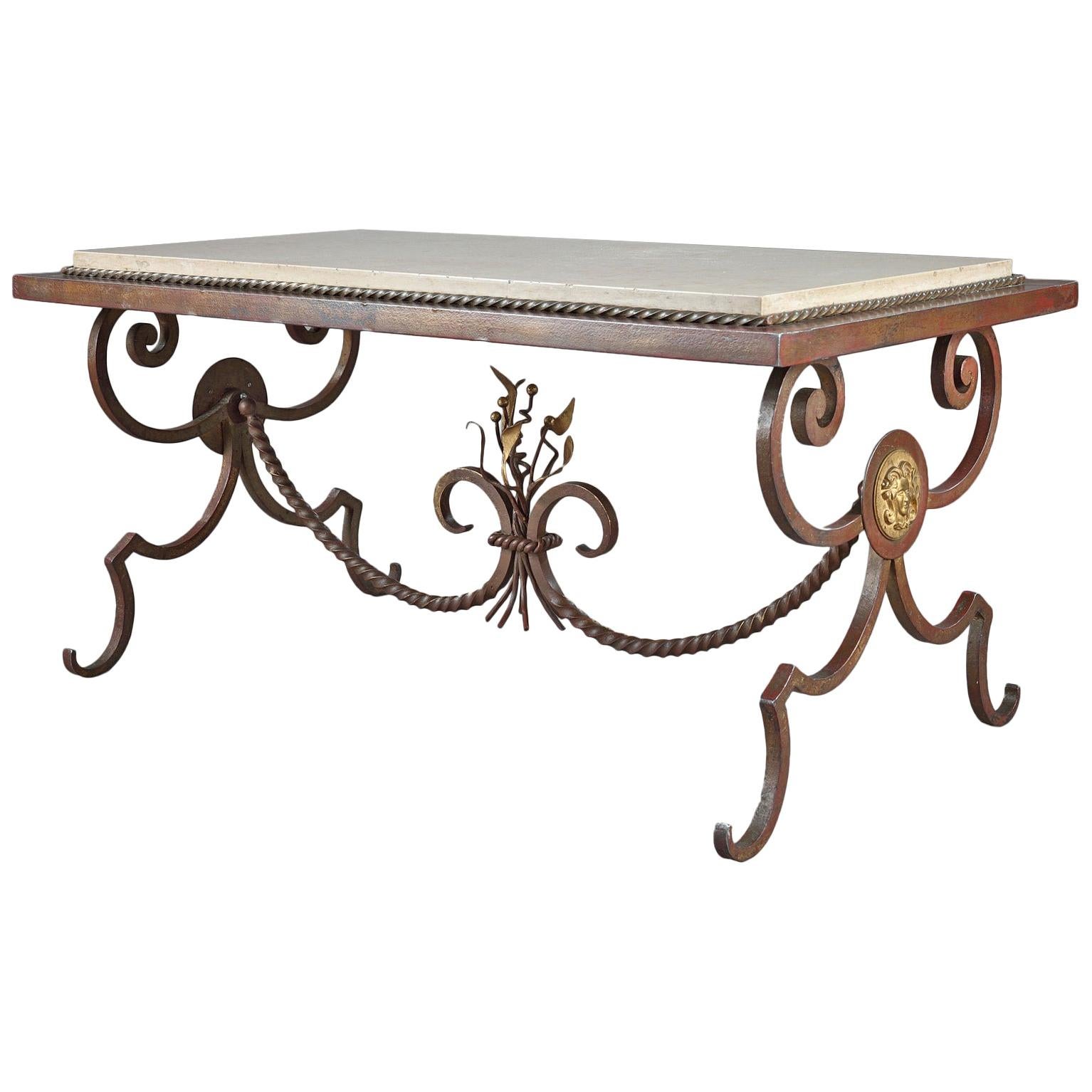 Wrought Iron and Marble Coffee Table in the Style of Gilbert Poillerat