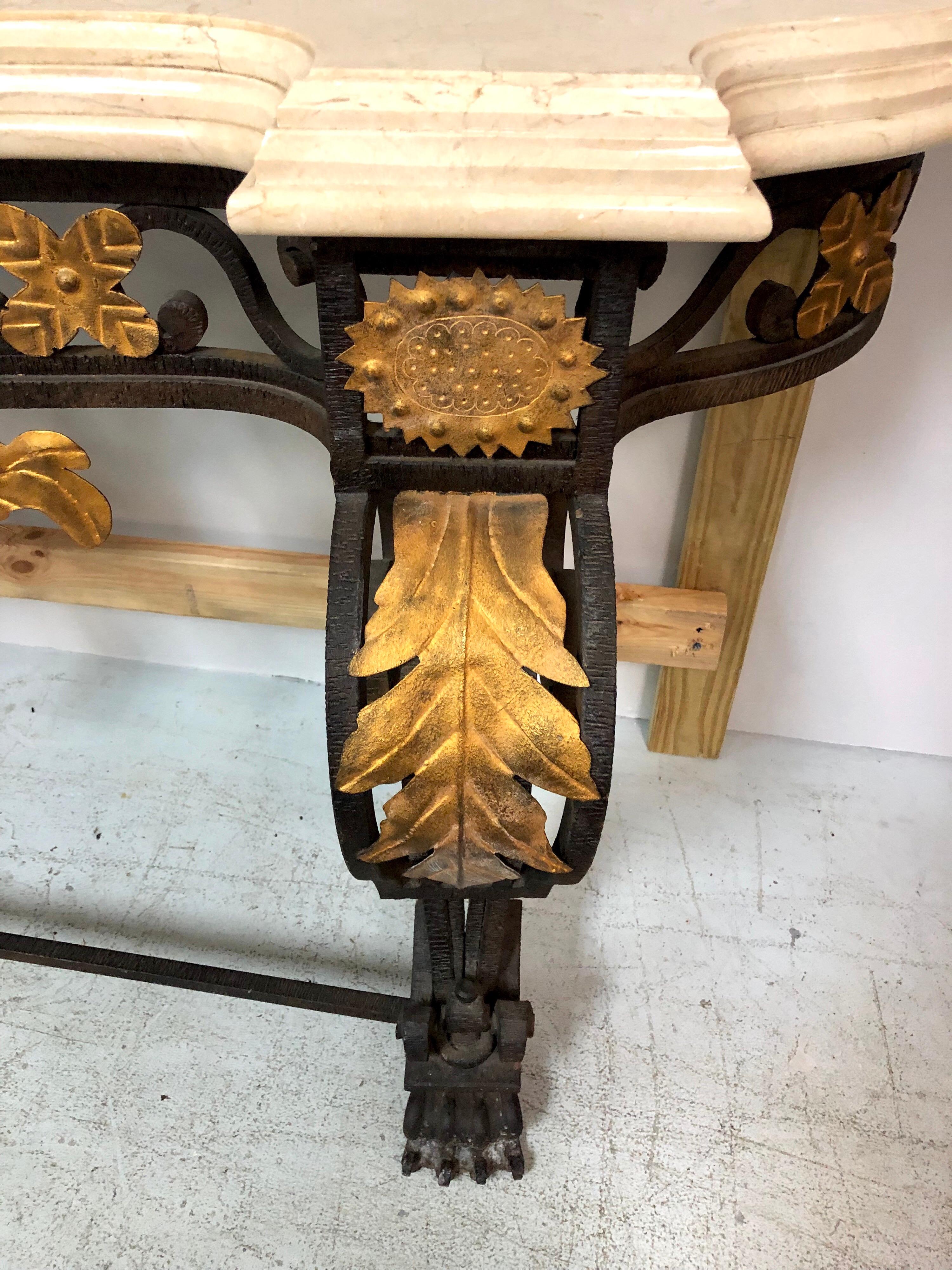 Italian Wrought Iron and Marble Console Table with Lion Paws