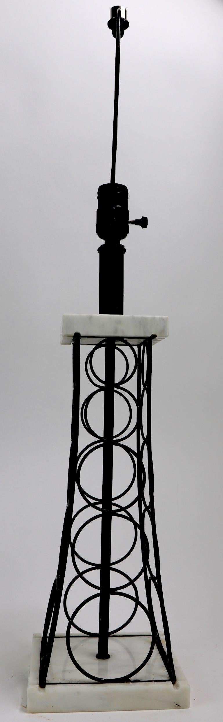 American Wrought Iron and Marble Eiffel Tower Oil Derrick Form Table Lamp After Weinberg For Sale