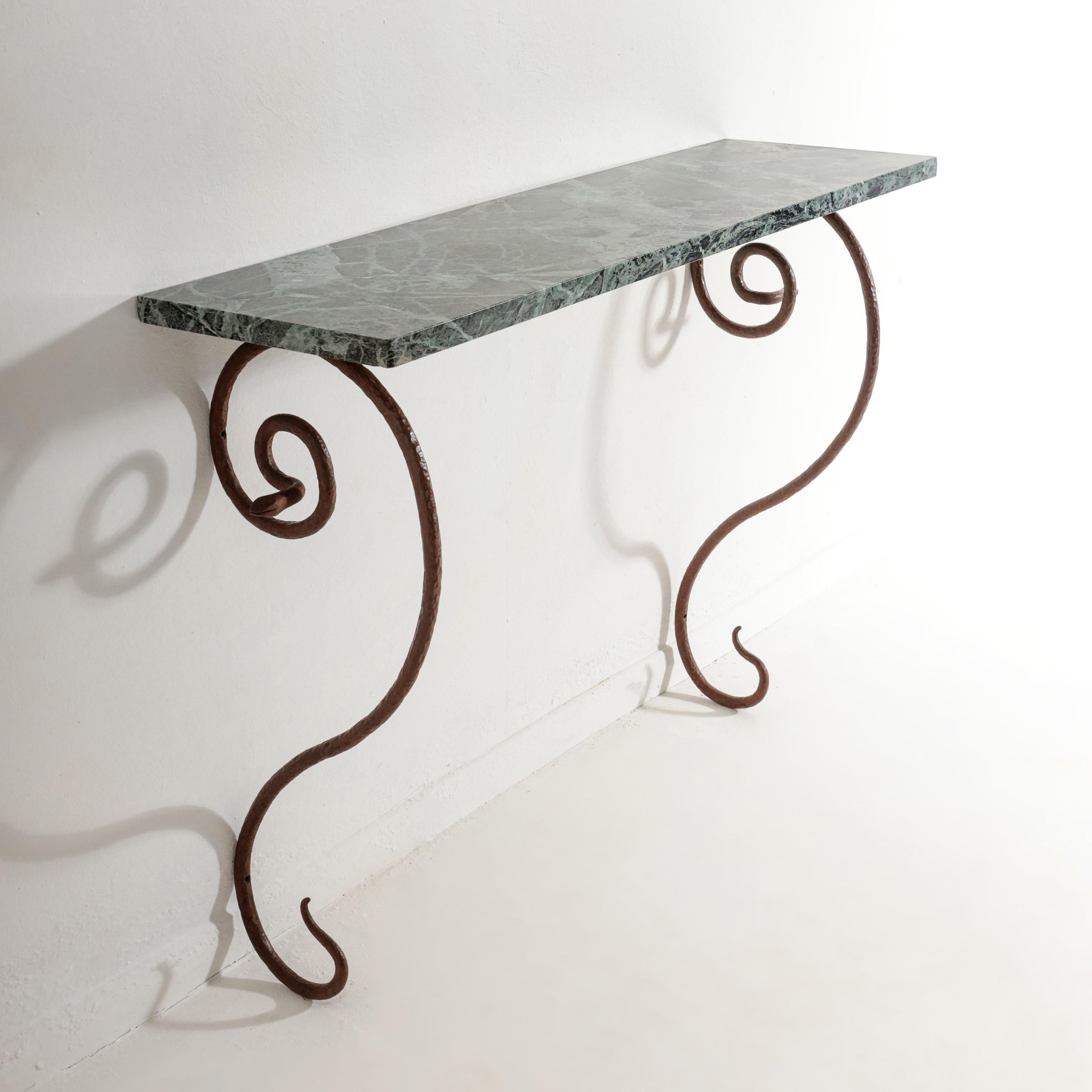 Art Deco Wrought Iron and Marble Serpent Console in the Manner of Paul Poiret For Sale