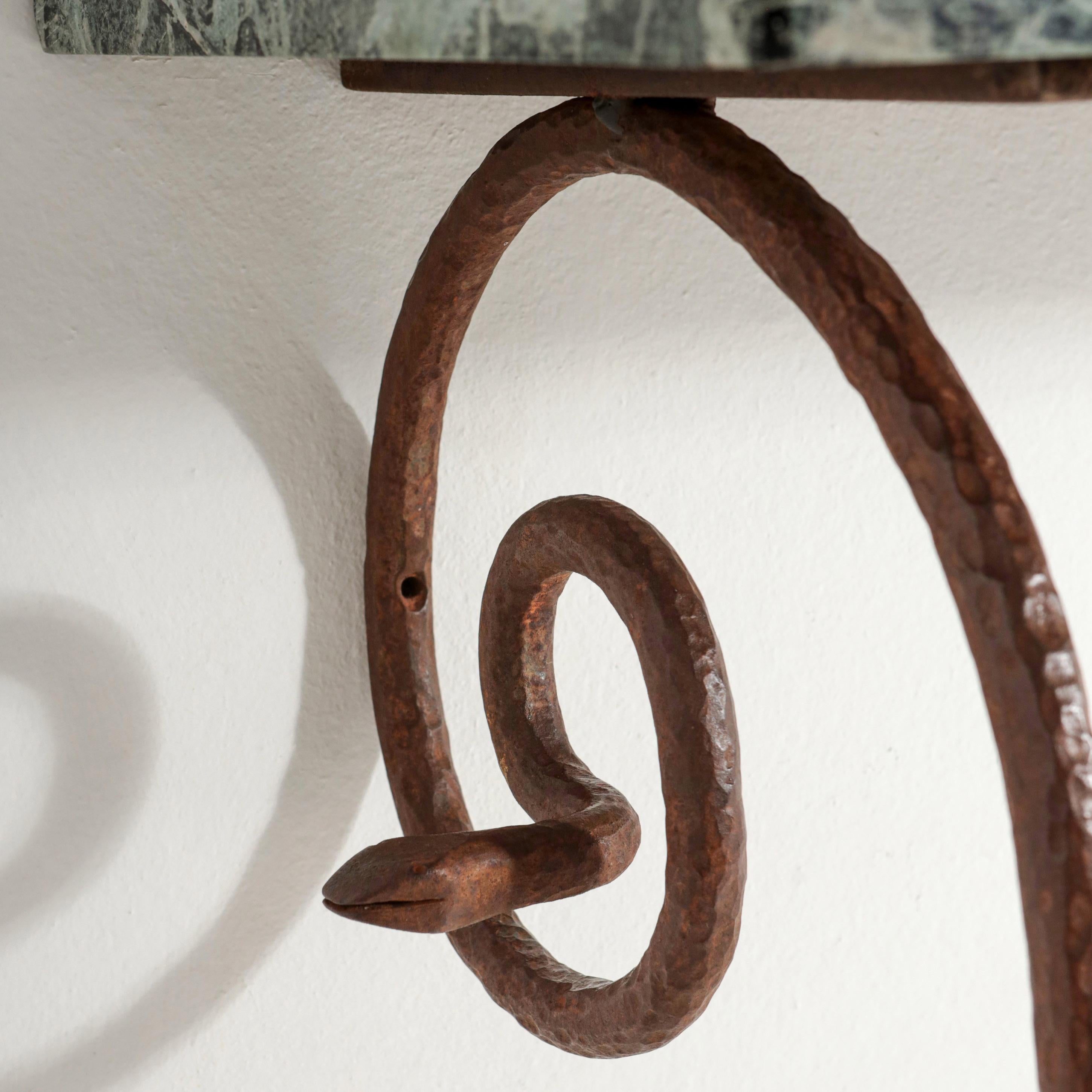 French Wrought Iron and Marble Serpent Console in the Manner of Paul Poiret For Sale