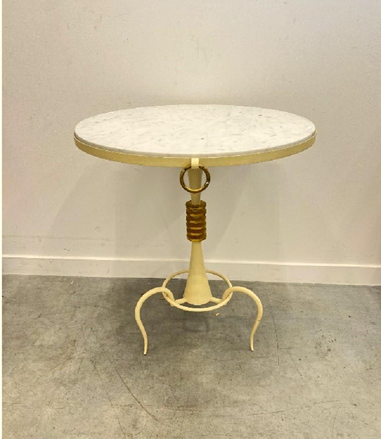 Art Deco Wrought iron and marble tripod pedestal table circa 1940 For Sale