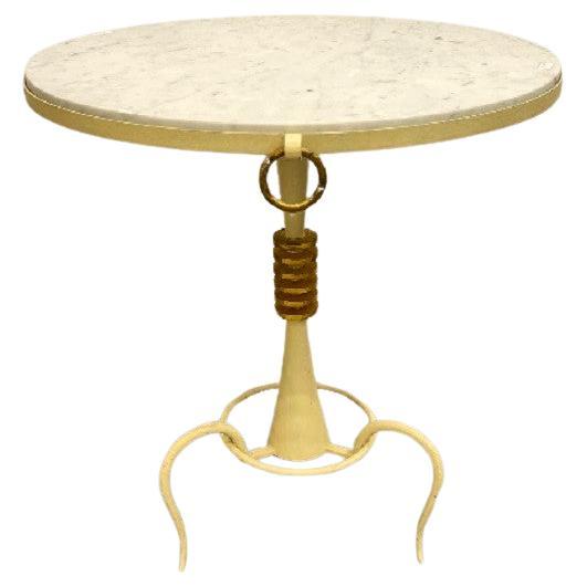 Wrought iron and marble tripod pedestal table circa 1940 For Sale
