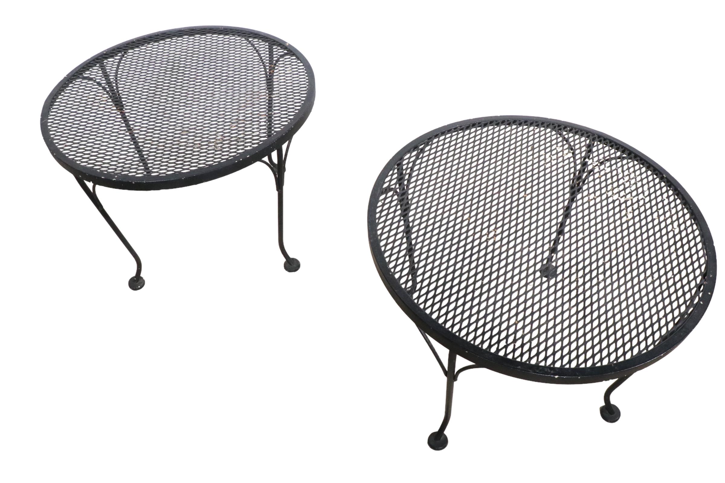 20th Century Wrought Iron and Metal Mesh Garden Patio Poolside Side Tables by Woodard