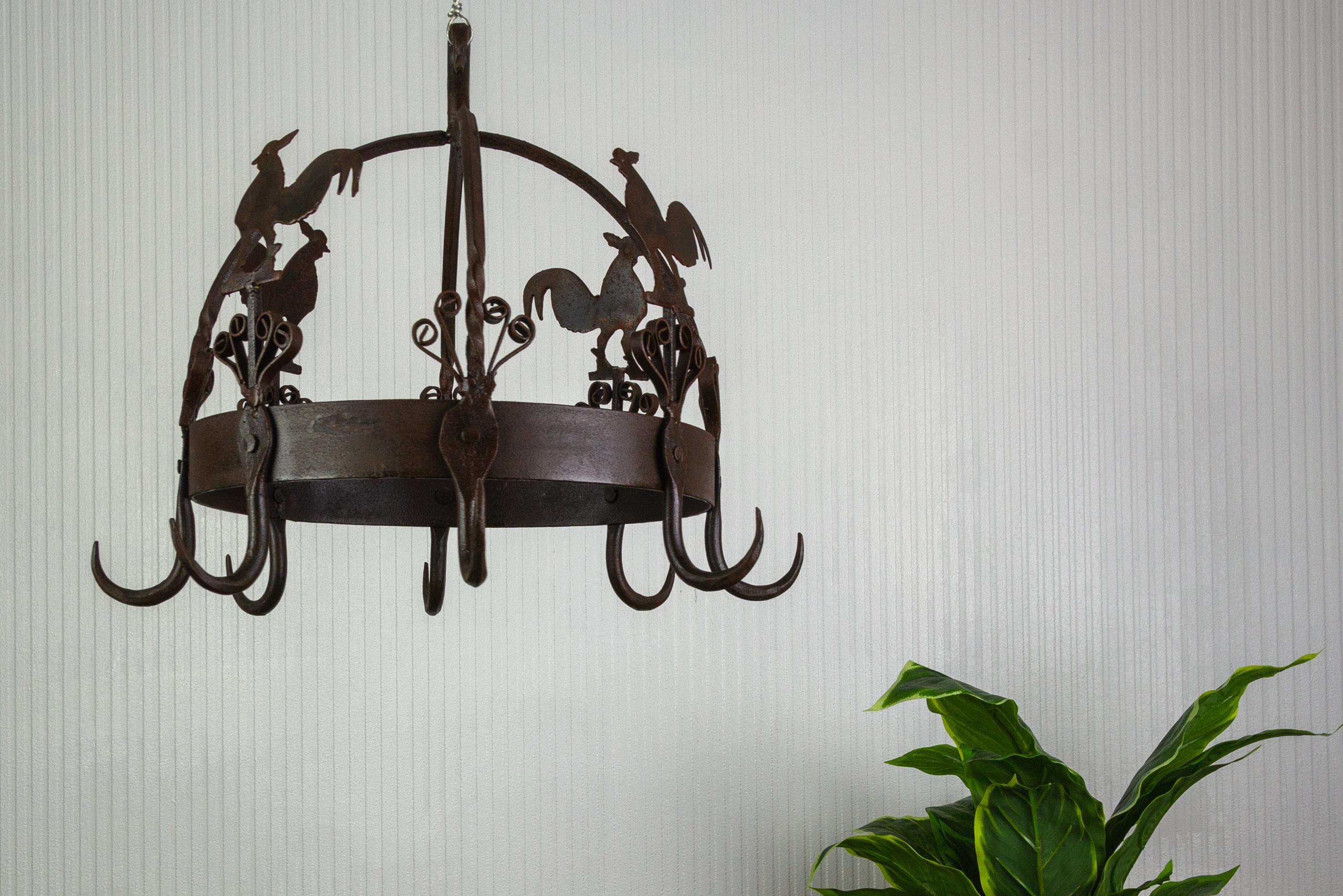 Wrought Iron and Metal Rooster Hanging Pot Rack For Sale 1
