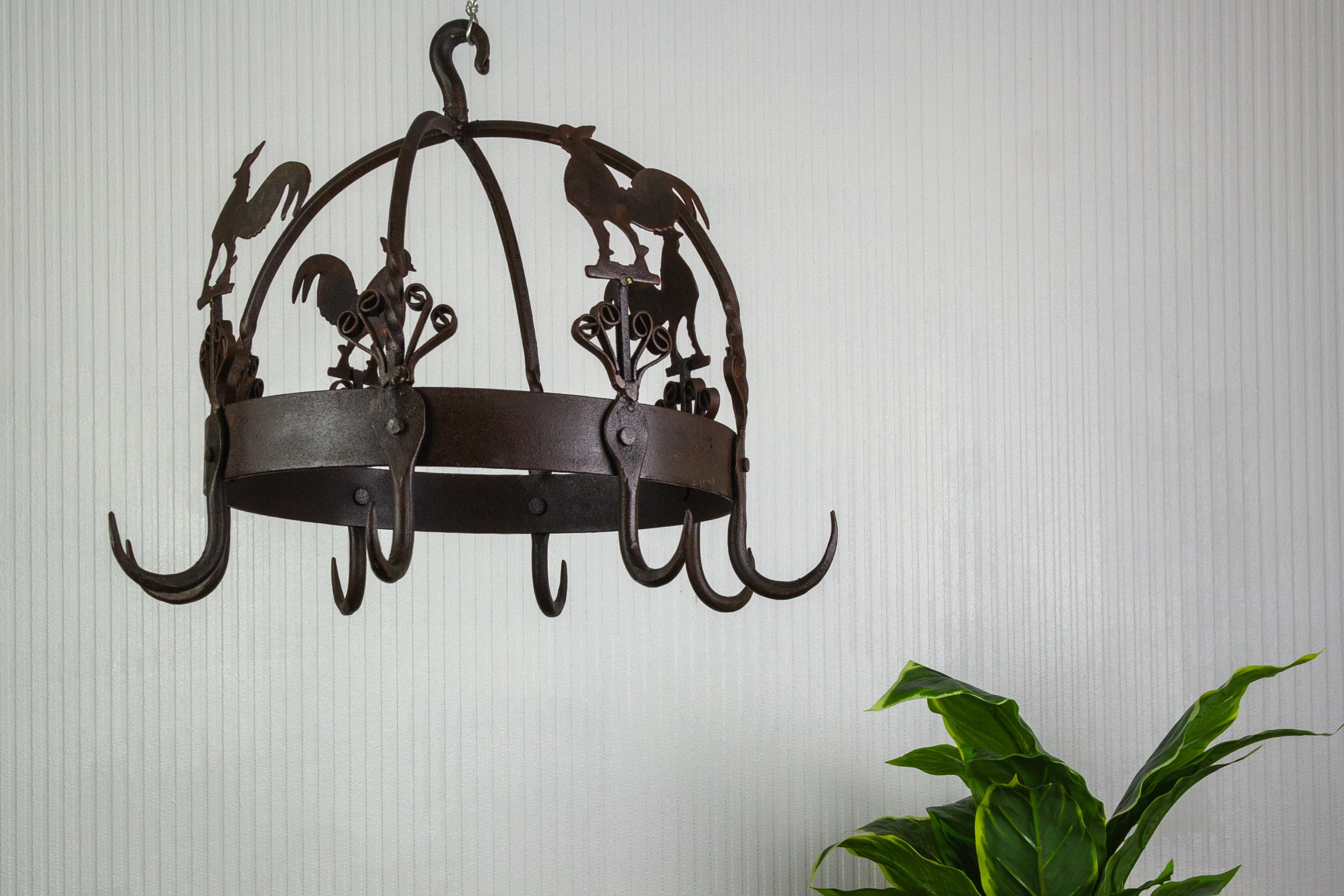 Wrought Iron and Metal Rooster Hanging Pot Rack For Sale 2