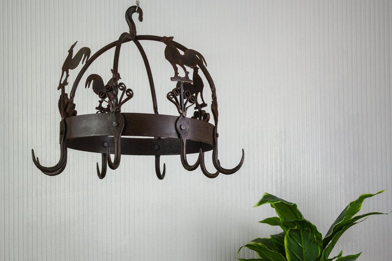 Wrought Iron and Metal Rooster Hanging Pot Rack For Sale at 1stDibs
