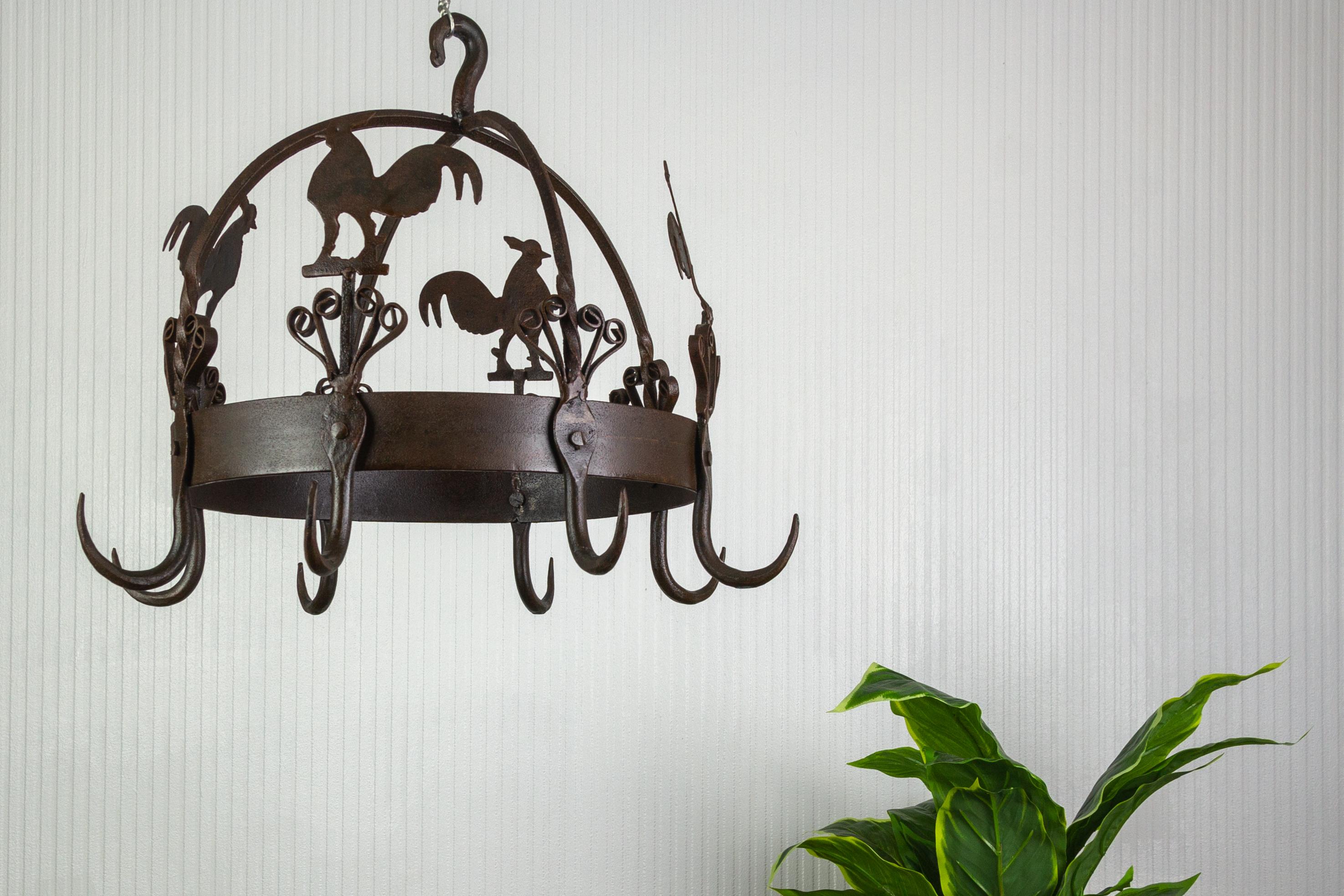 Wrought Iron and Metal Rooster Hanging Pot Rack For Sale 3