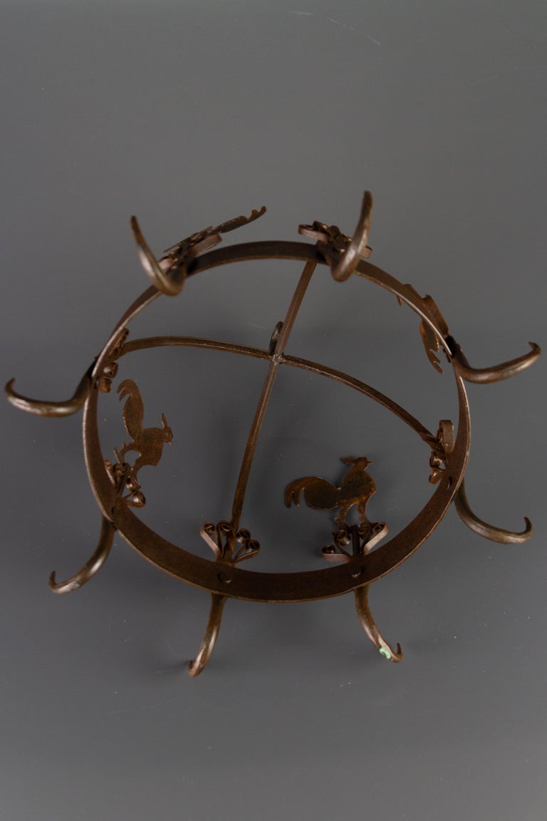 Wrought Iron and Metal Rooster Hanging Pot Rack For Sale at 1stDibs
