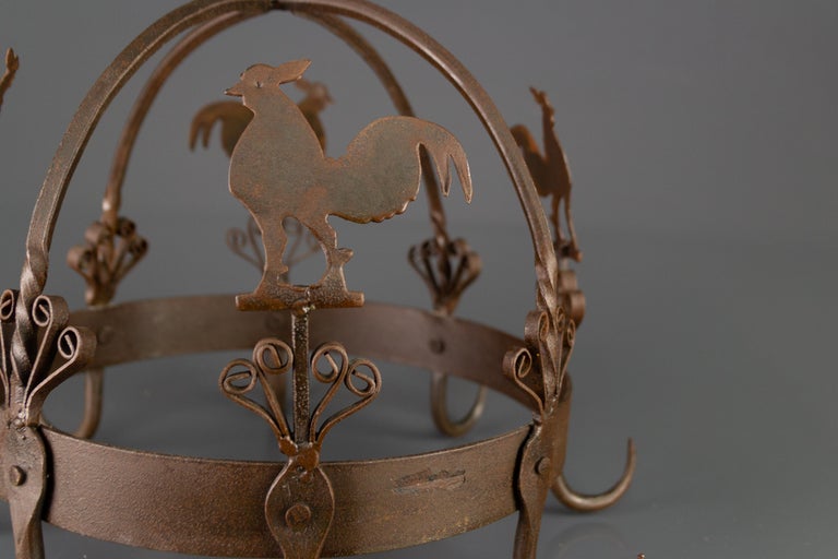 Wrought Iron and Metal Rooster Hanging Pot Rack For Sale at 1stDibs