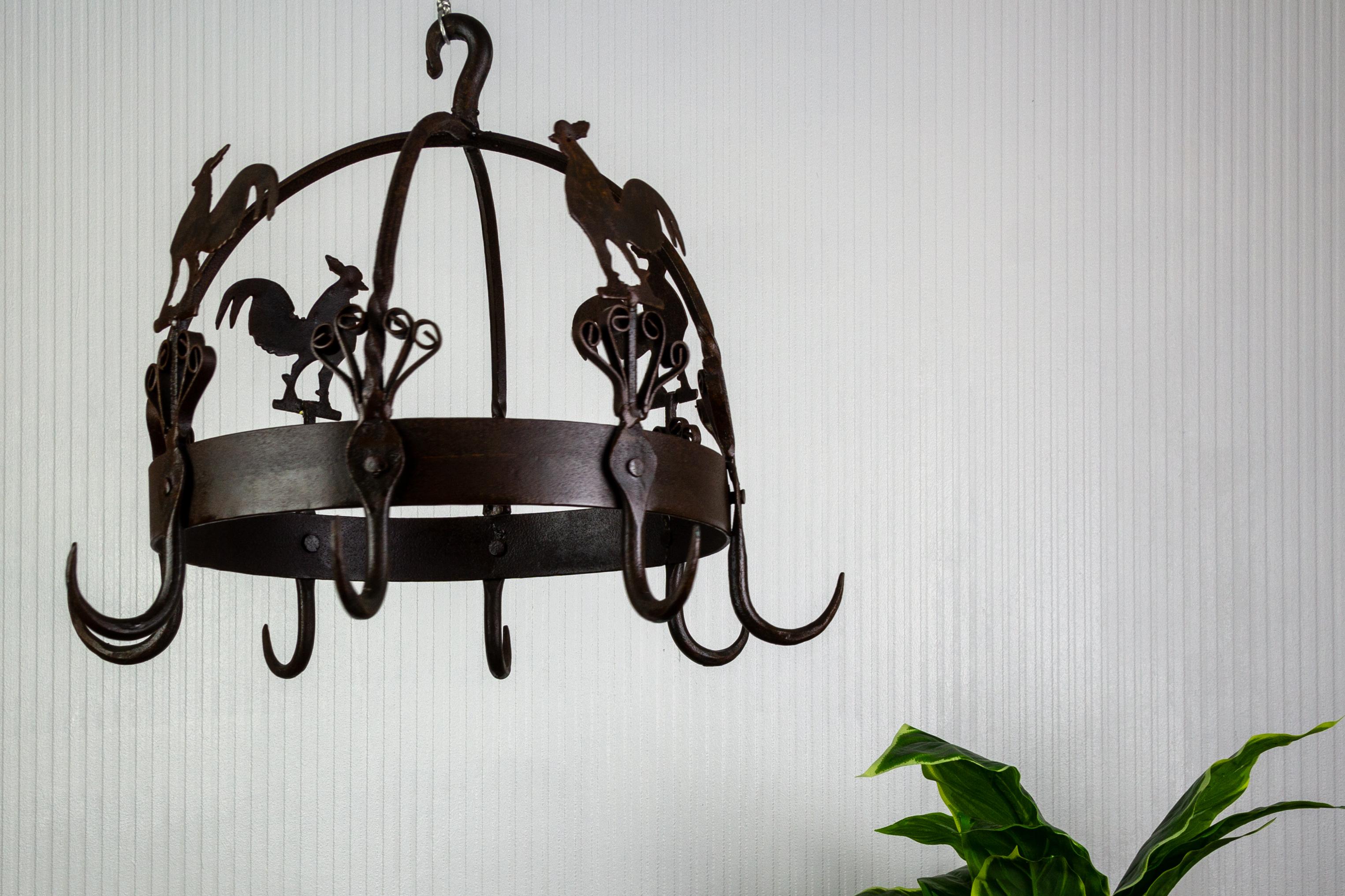 French Wrought Iron and Metal Rooster Hanging Pot Rack For Sale