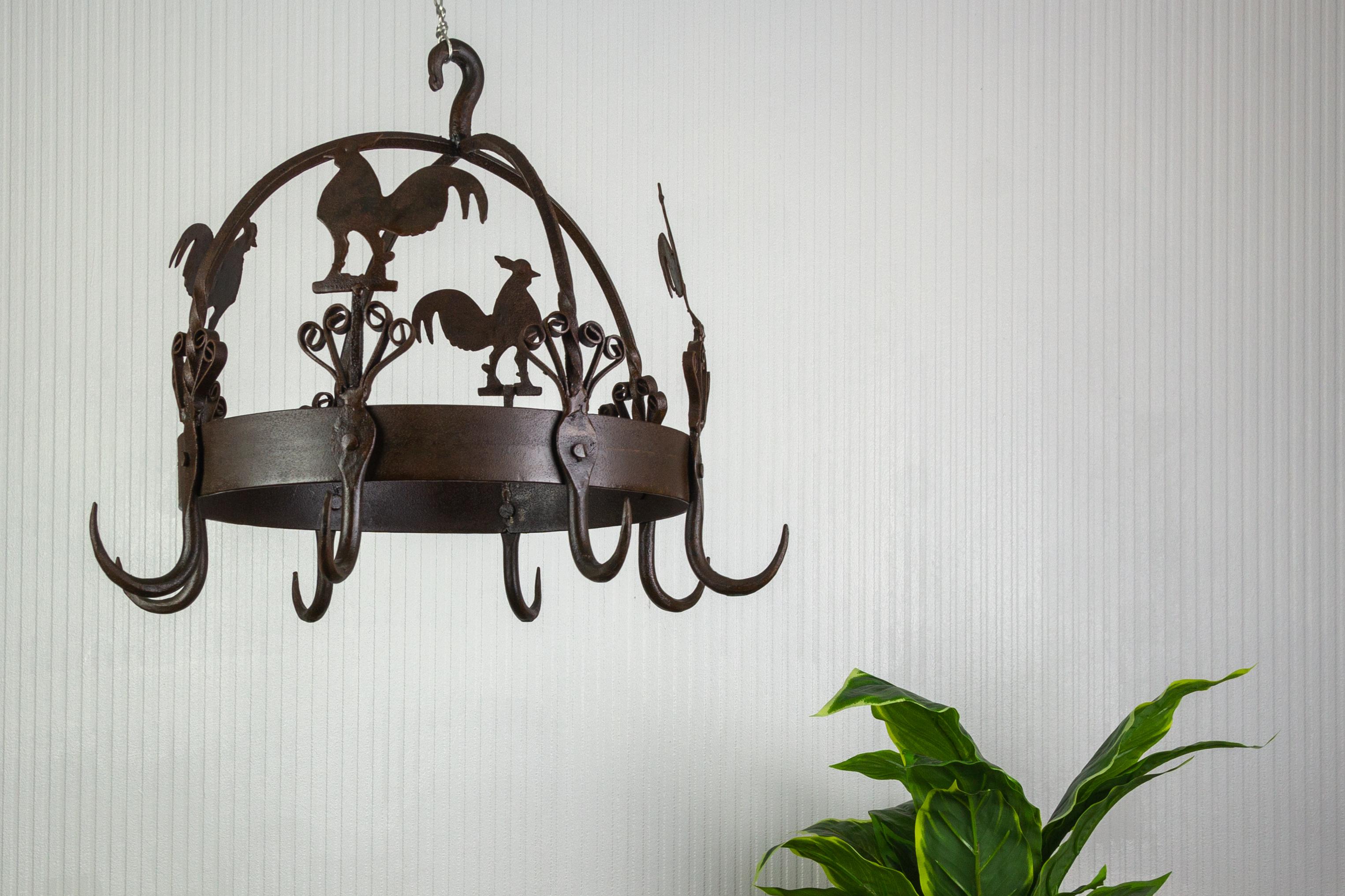 Mid-20th Century Wrought Iron and Metal Rooster Hanging Pot Rack For Sale