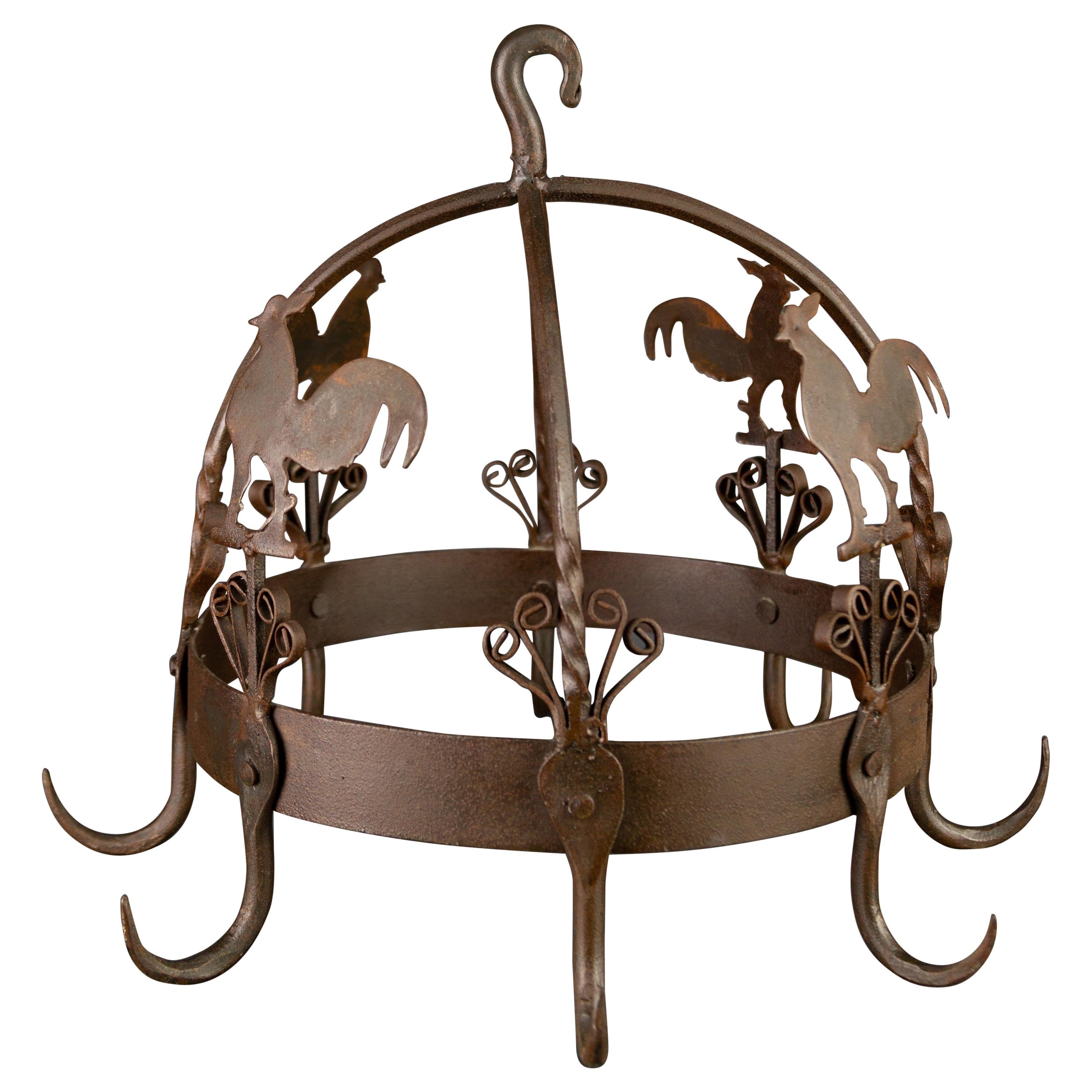 Wrought Iron and Metal Rooster Hanging Pot Rack