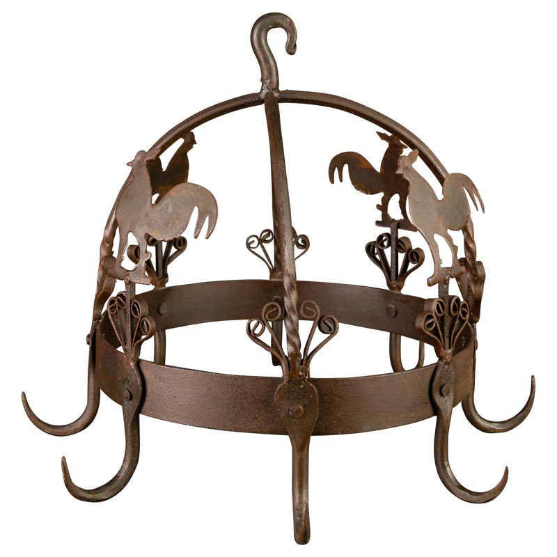 Large Wrought Iron Hanging Pot Rack with Grape Motif For Sale at 1stDibs