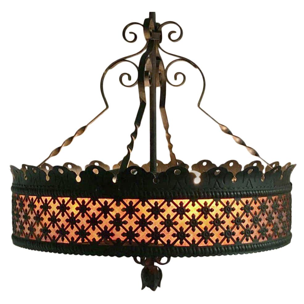 Wrought Iron And Mica Chandelier