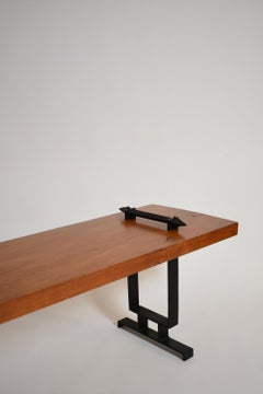 Wrought iron and natural wood coffee table or bench, 1950s