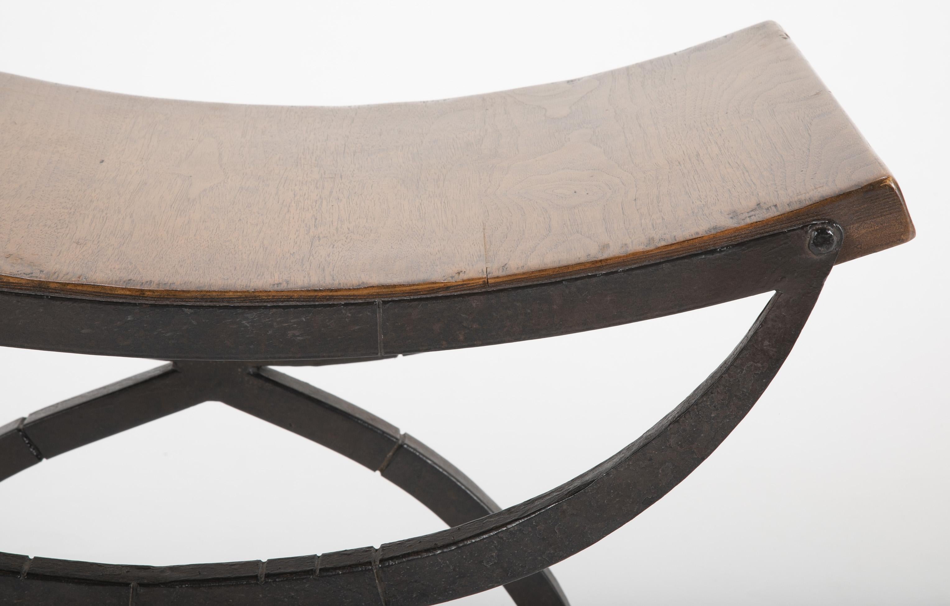 Neoclassical Wrought Iron and Oak X-Stool by Morgan Colt 