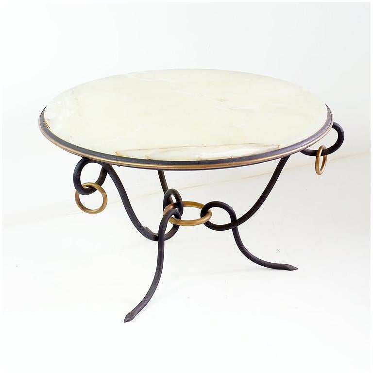 Mid-20th Century Wrought Iron and Onyx top round coffee table by René Drouet, 1940s For Sale
