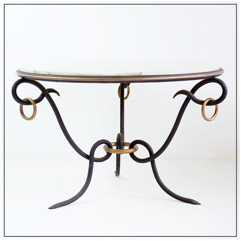 Wrought Iron and Onyx top round coffee table by René Drouet, 1940s 1