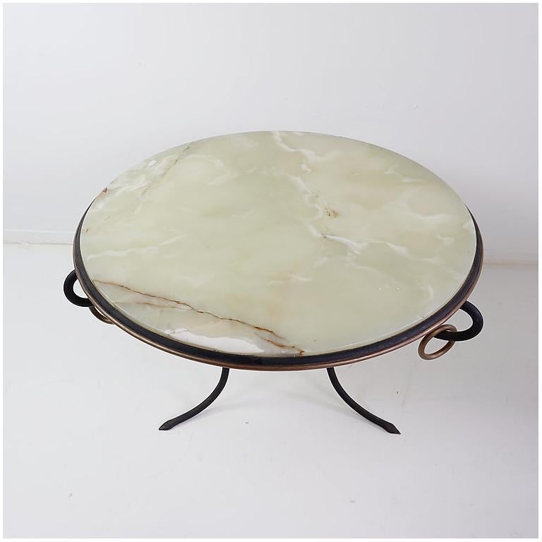 Wrought Iron and Onyx top round coffee table by René Drouet, 1940s 4