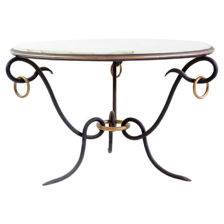 Wrought Iron and Onyx top round coffee table by René Drouet, 1940s For Sale