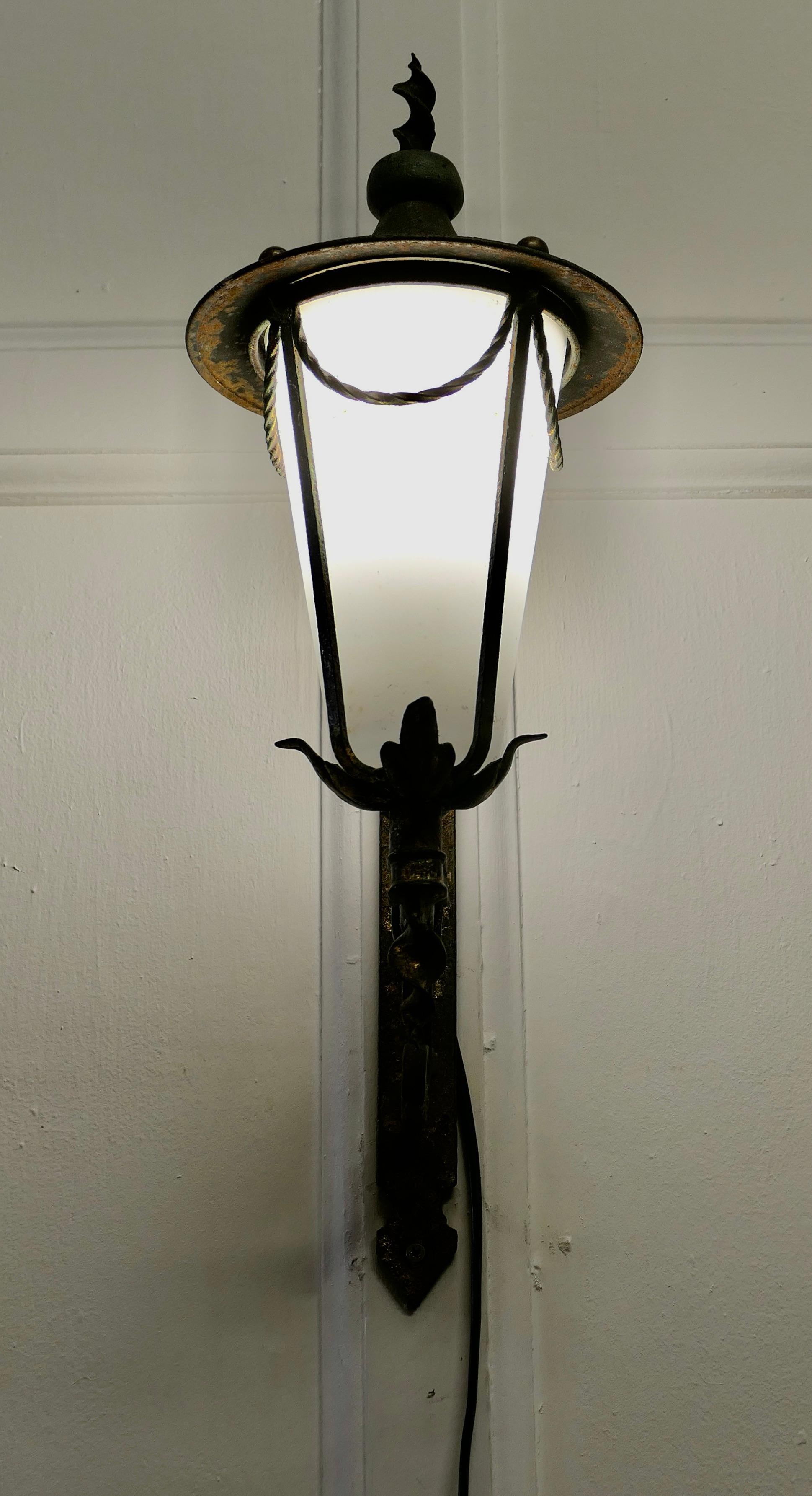Adam Style Wrought Iron and Opaque Wall Lantern     For Sale