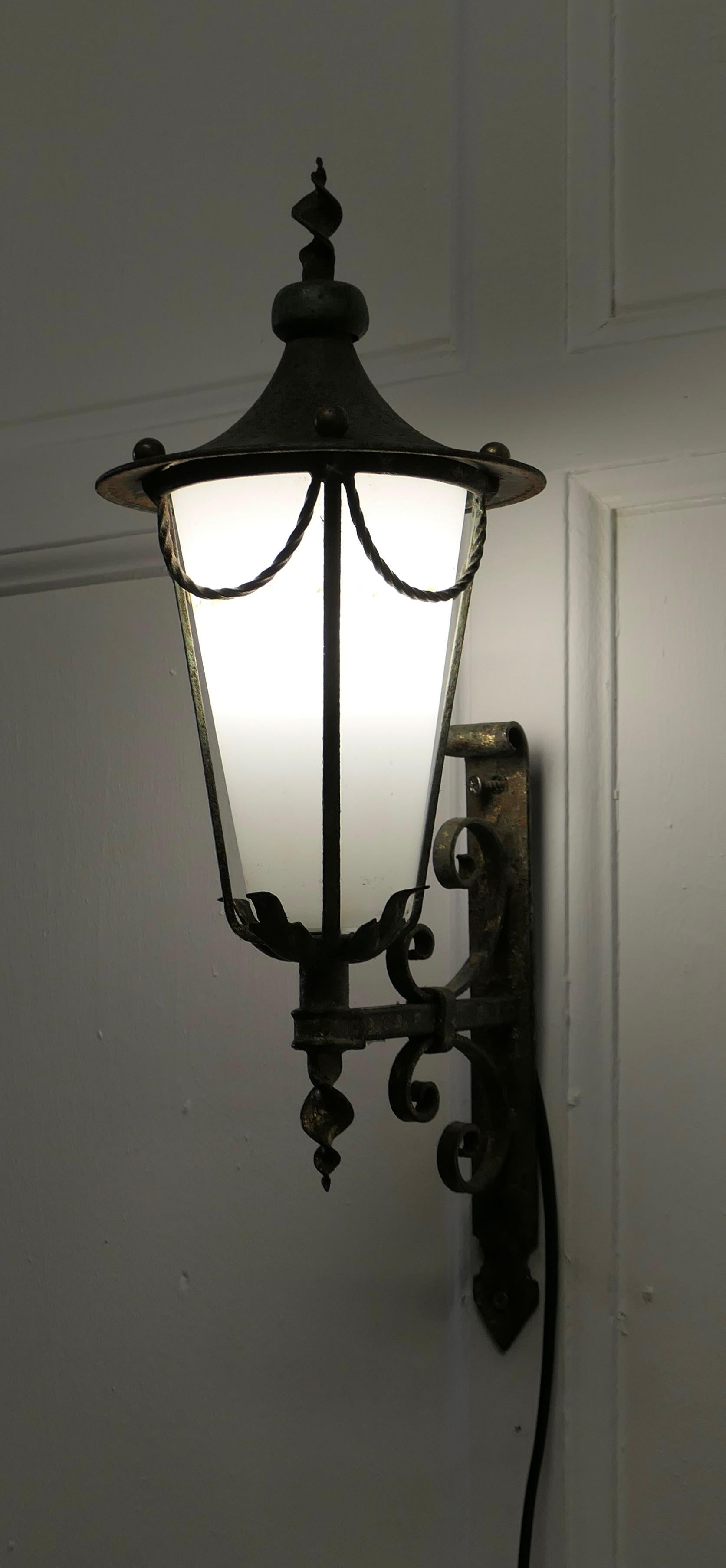 Wrought Iron and Opaque Wall Lantern     In Good Condition For Sale In Chillerton, Isle of Wight